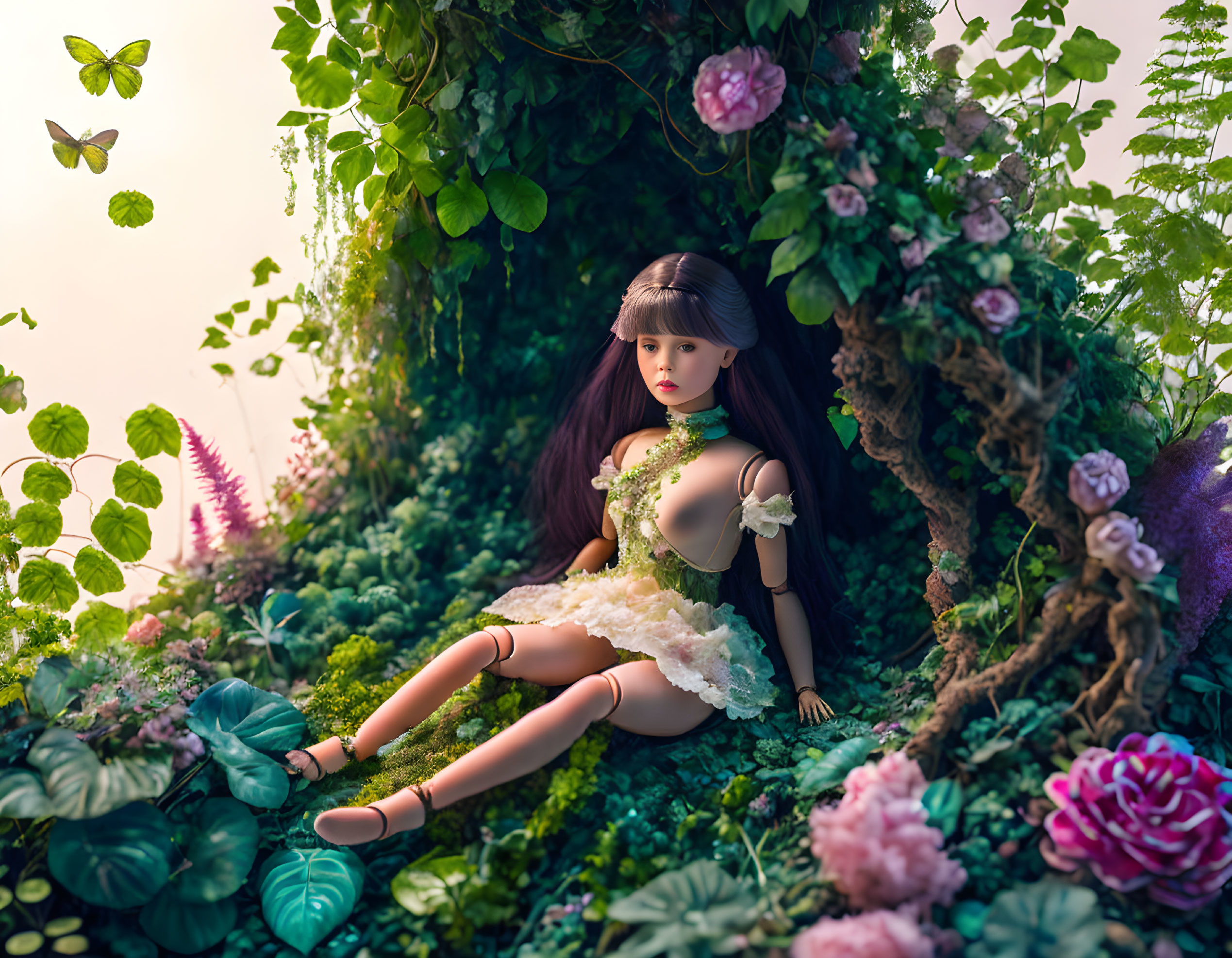 Dark-haired doll surrounded by lush greenery and butterflies in fairy-tale scene