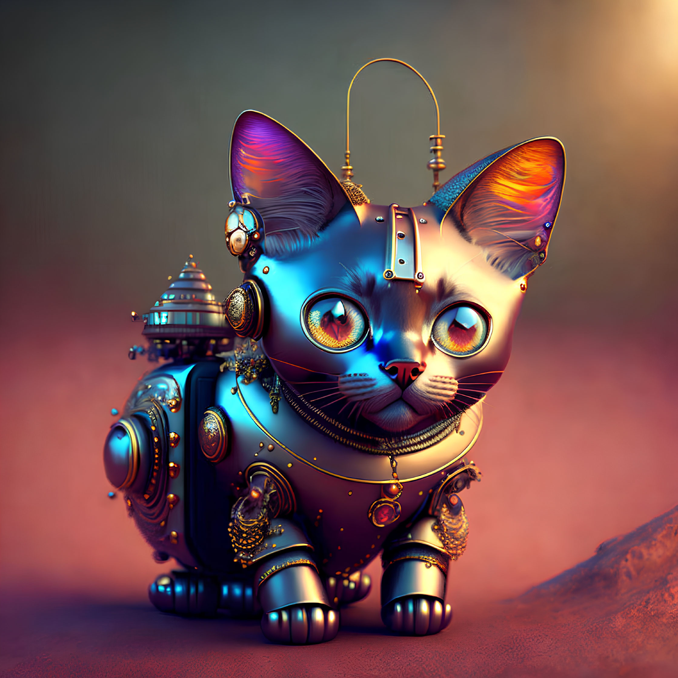 Metallic Steampunk Robotic Cat with Glowing Eyes on Warm Background