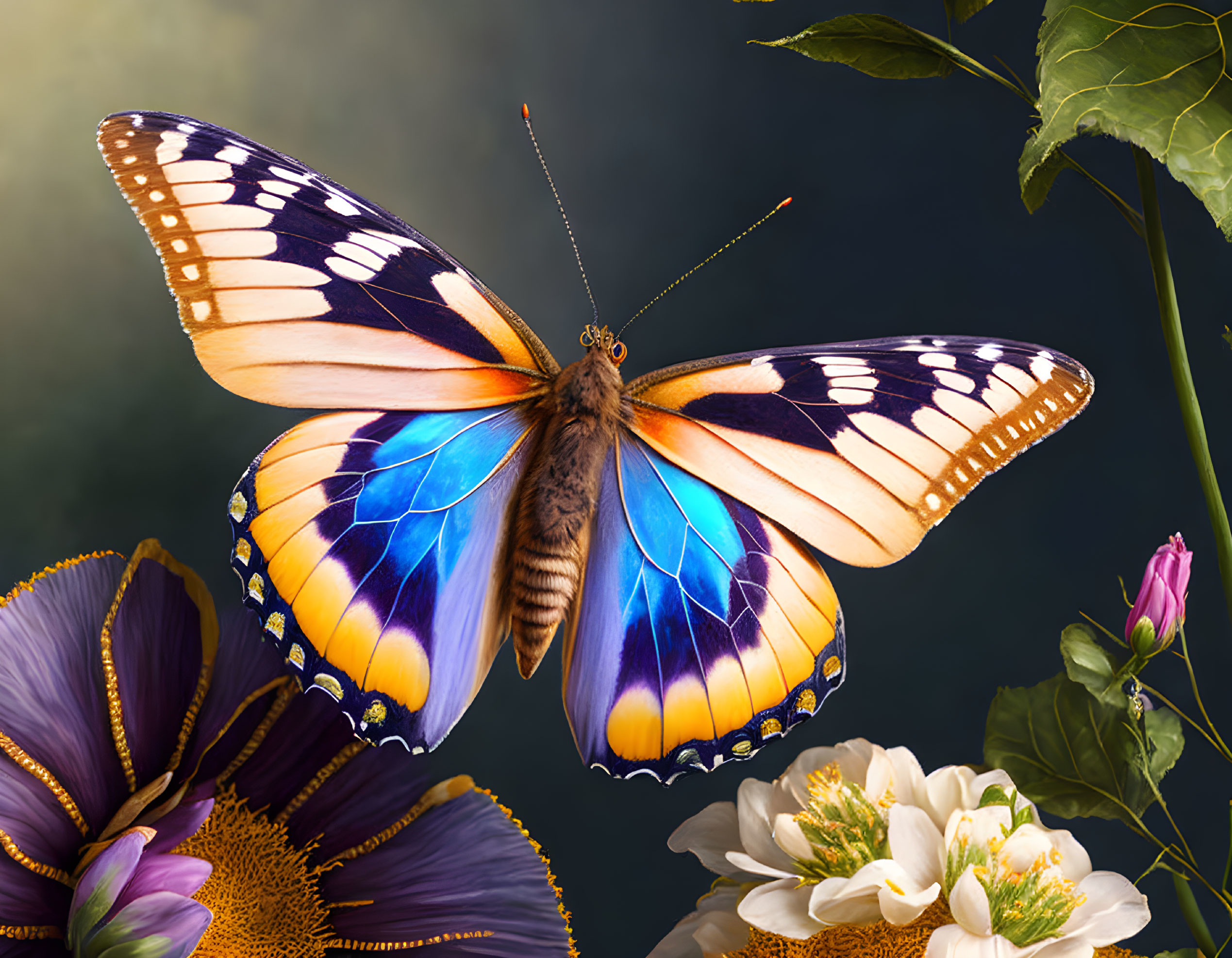 Colorful Butterfly with Orange and Blue Wings on Flower in Moody Setting