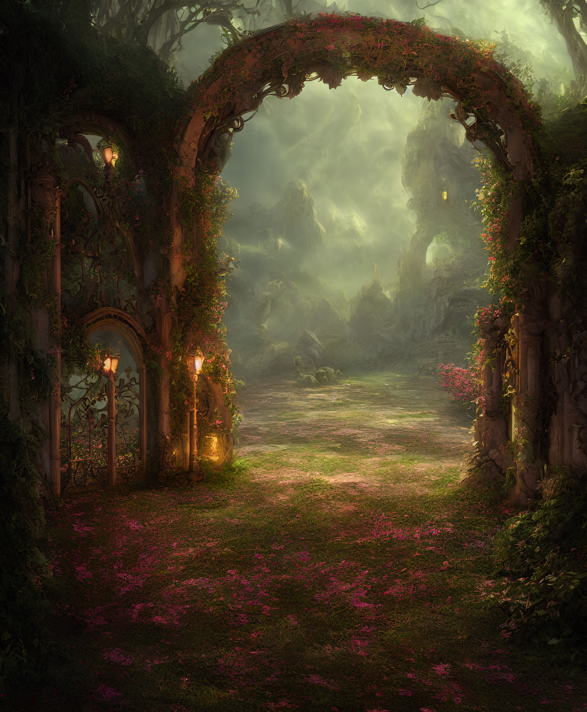 Enchanting garden gate leading to mystical forest path with pink petals, arches, ancient stone,