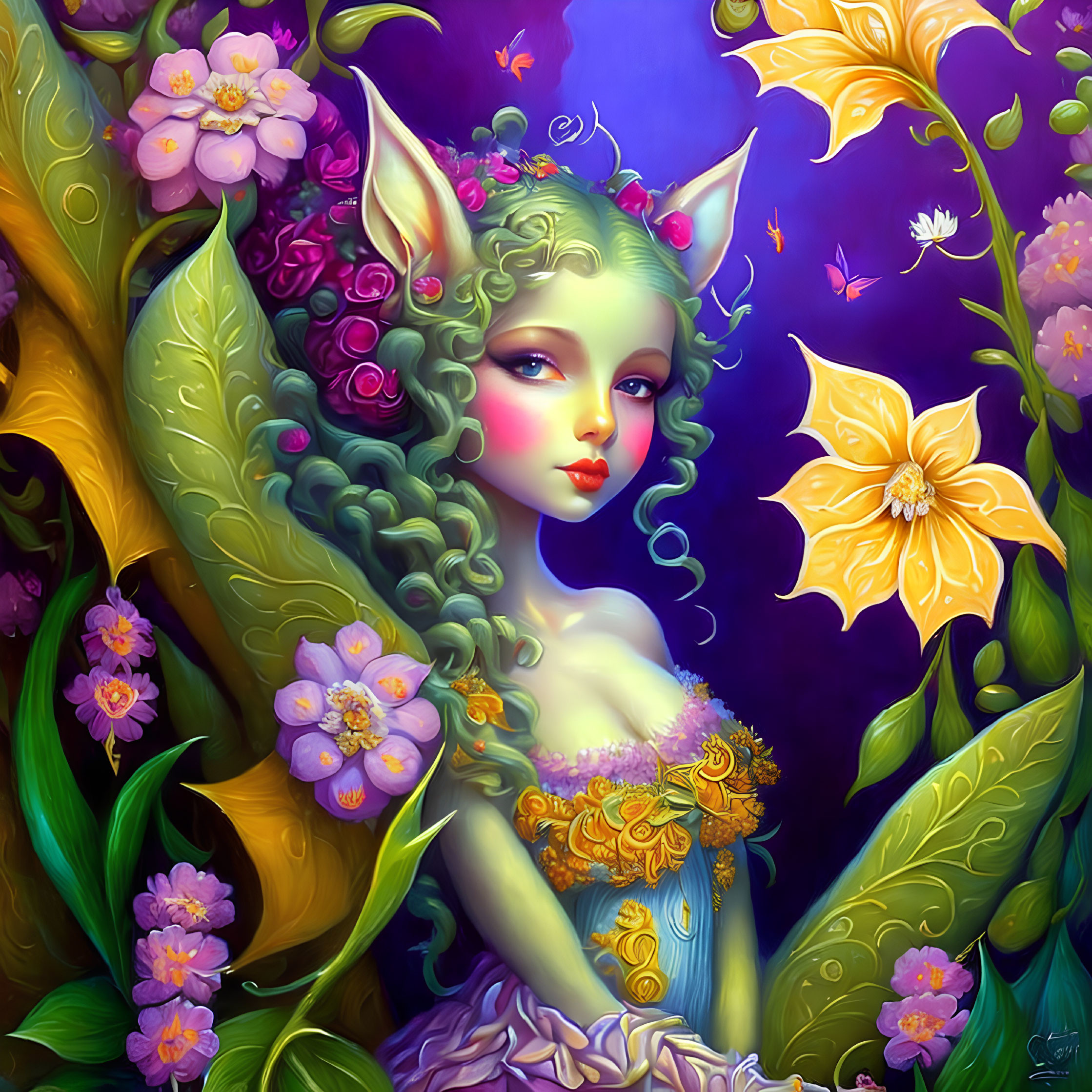 Green-eyed elf with floral hair, surrounded by flowers and butterflies on purple background