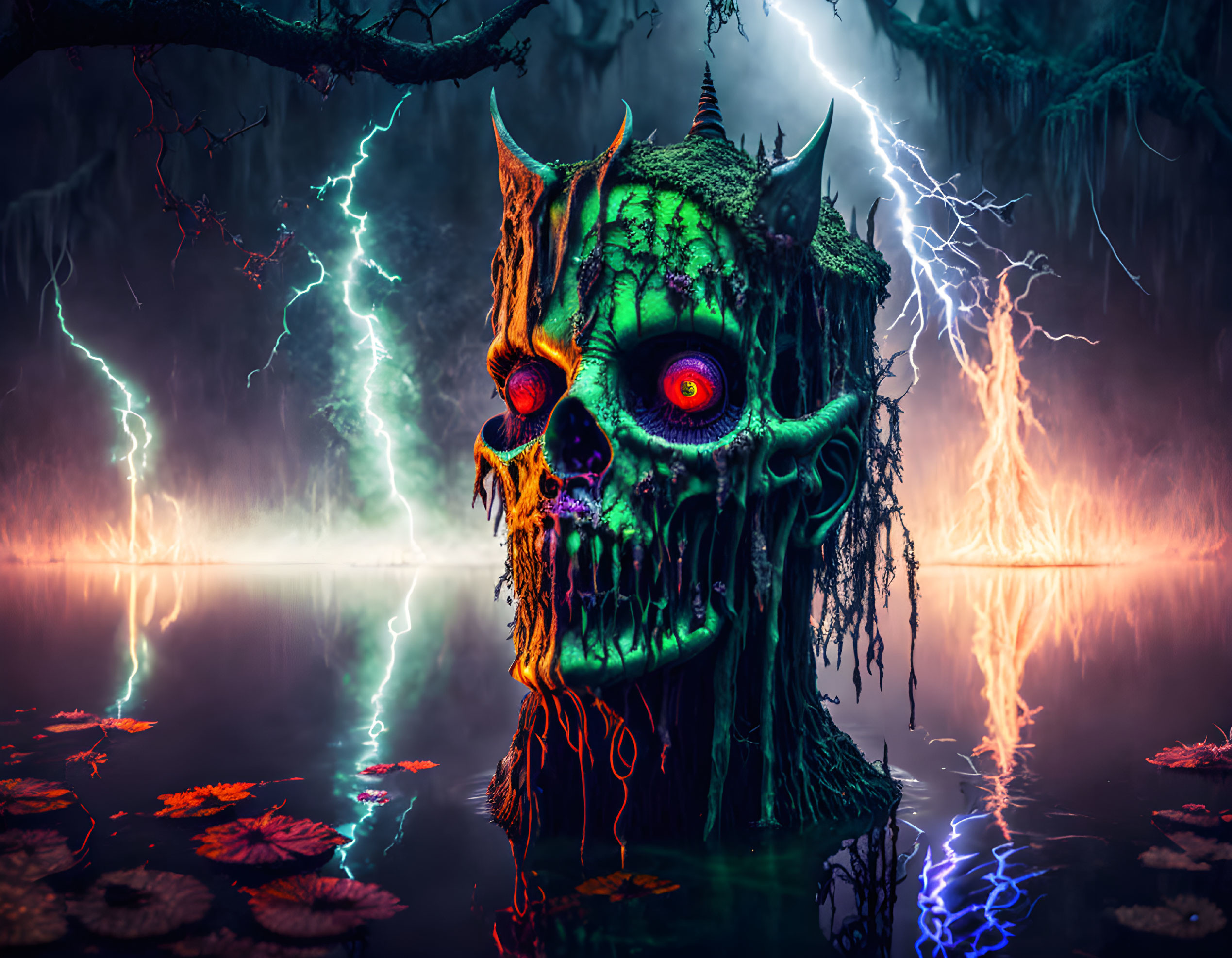 Colorful skull with green textures and red eyes in lightning and fiery lake scene