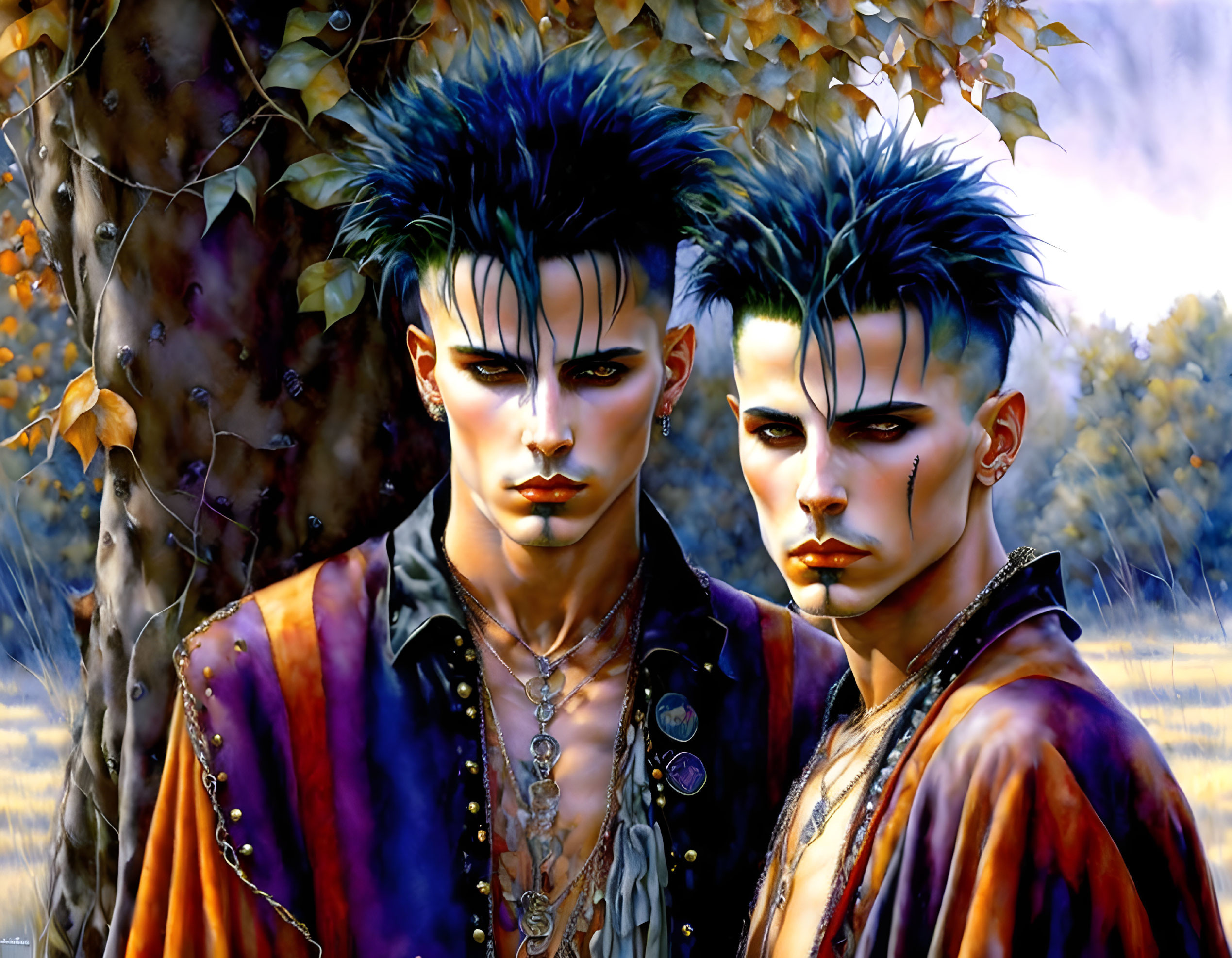 Two people with spiked blue hair and punk clothing in front of autumn trees.