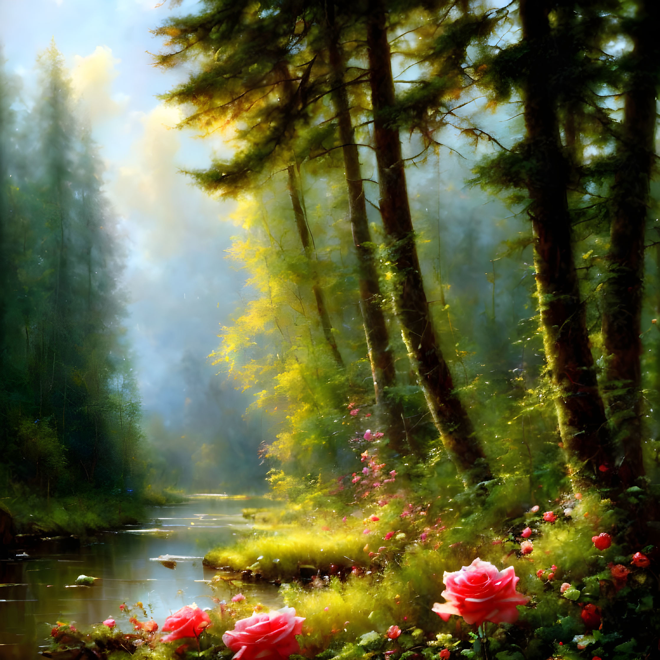 Tranquil forest landscape with sunbeams, creek, and vibrant flowers