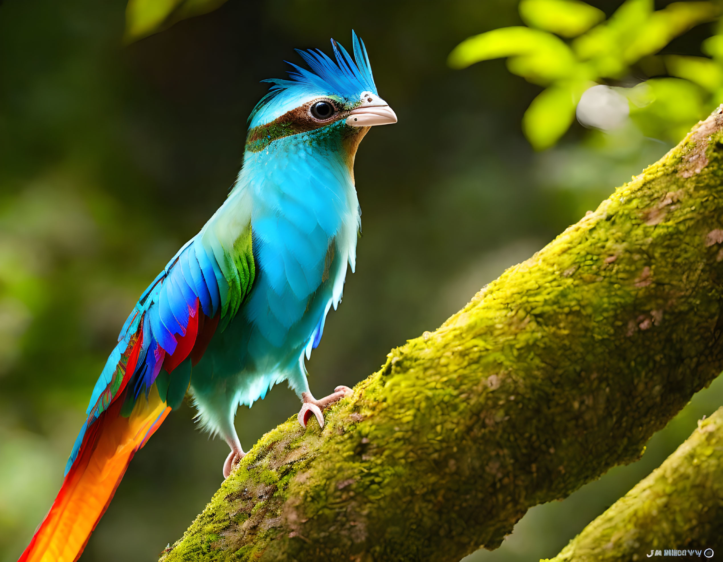 Colorful Bird with Blue Head, Green Body, and Red/Blue Tail on Mossy Branch