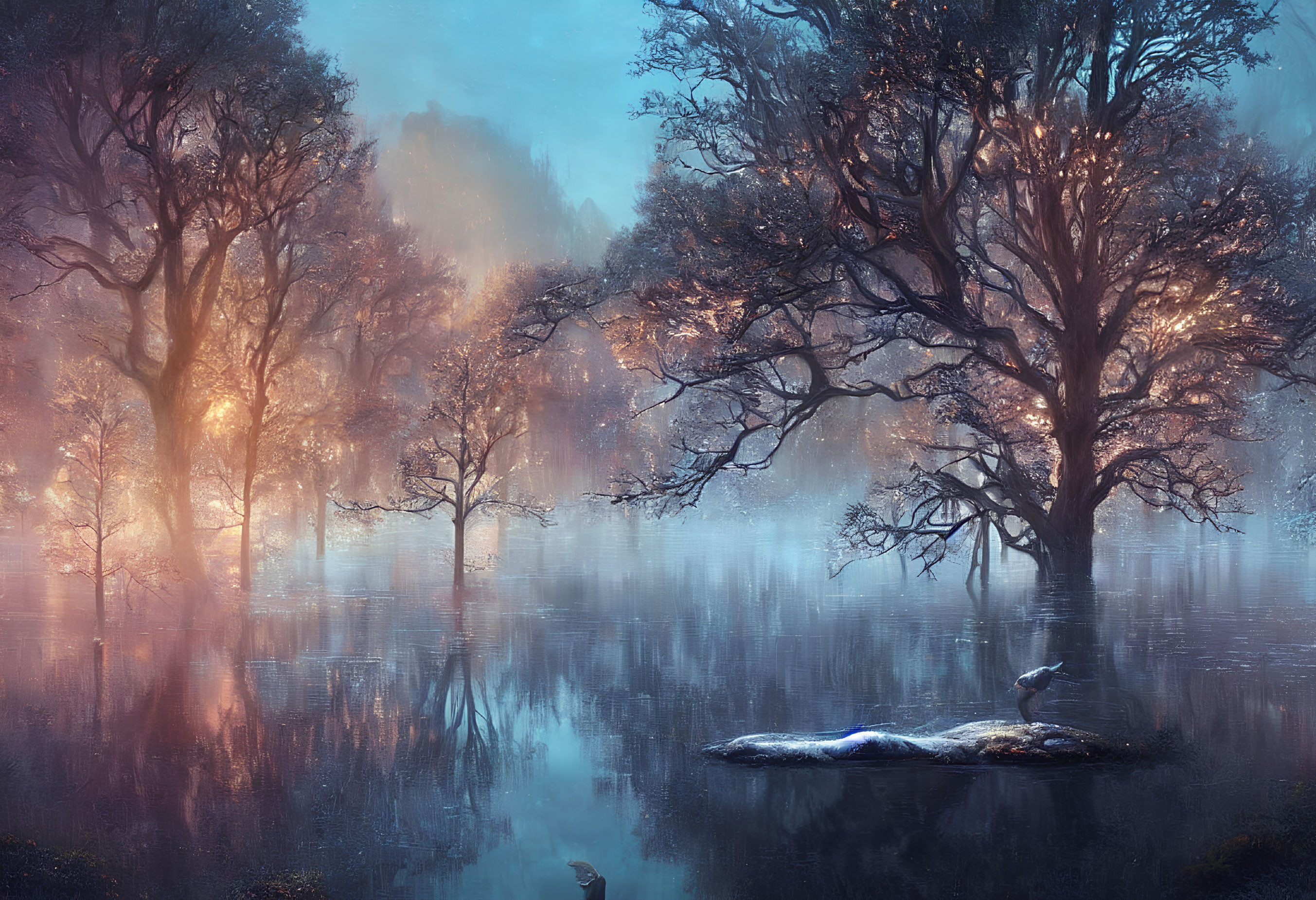 Mystical forest with large trees, mist, water, figure, and bird.