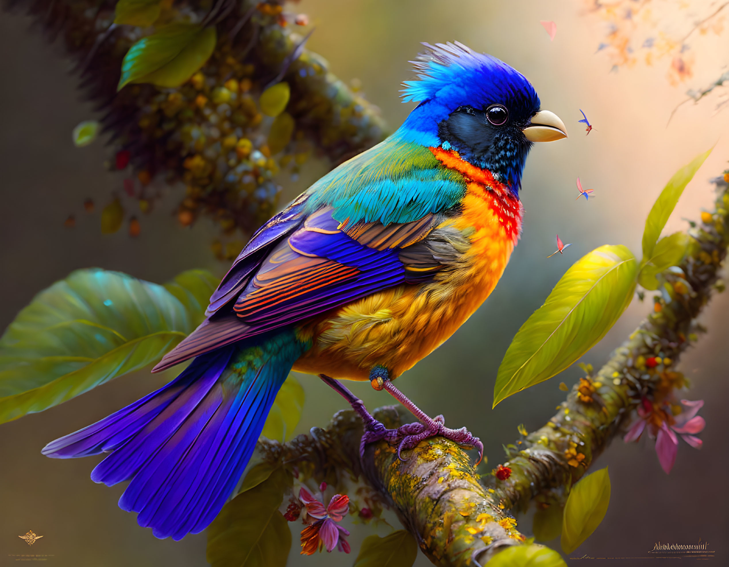 Colorful Bird with Blue Head and Multicolored Feathers Perched Among Blossoms