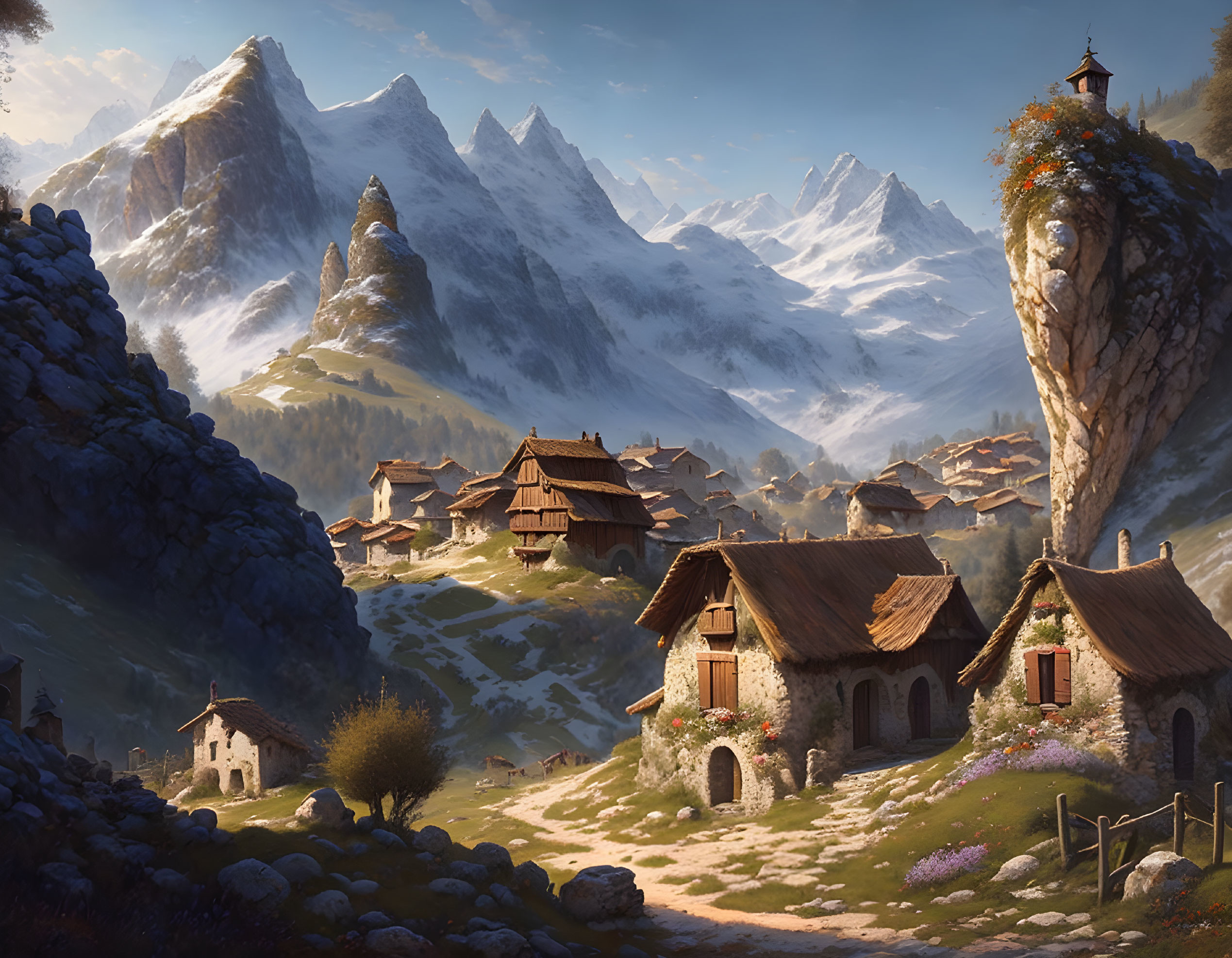 Snowy mountain village with stone tower and cozy houses under blue sky