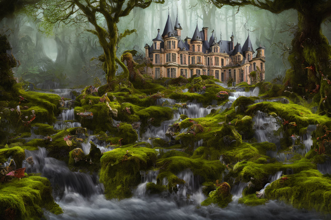 Majestic chateau in moss-covered hills and foggy forest