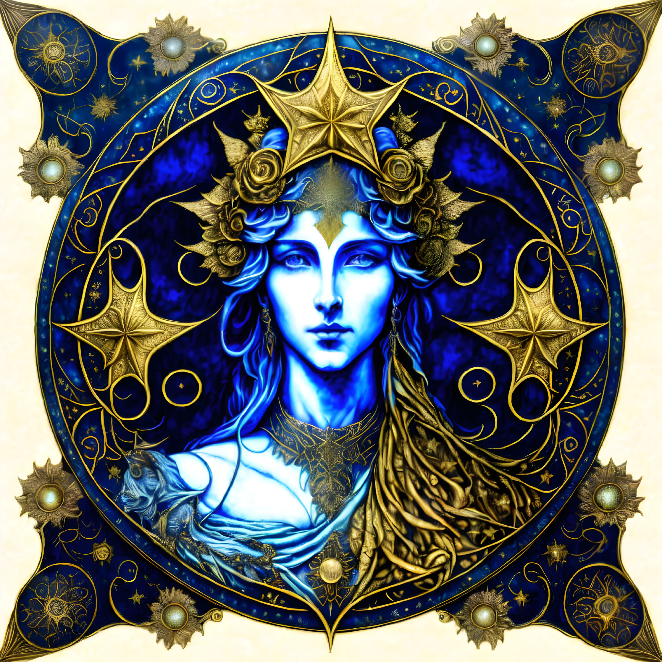 Celestial woman's face with gold crown and astrological symbols on starry blue background