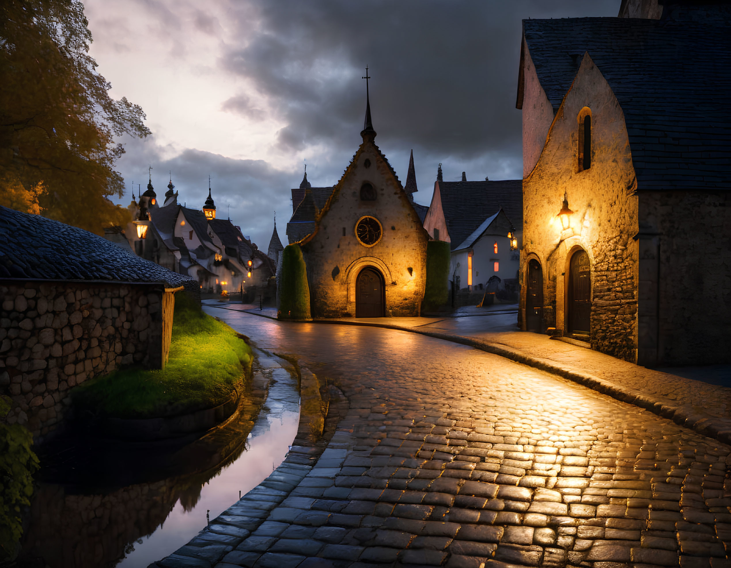 Twilight scene: Cobblestone street, quaint buildings, chapel, and water canal.