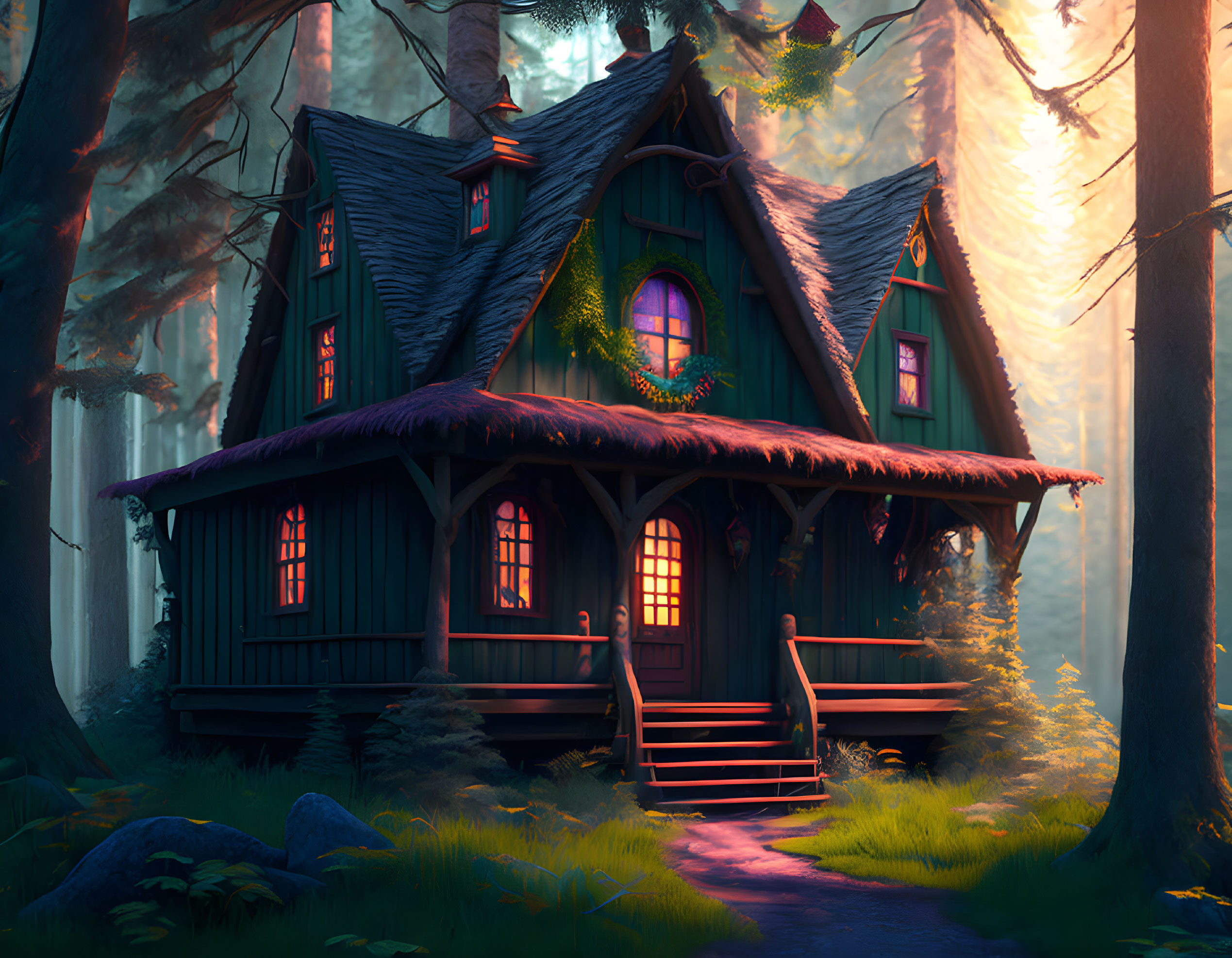 Cozy cottage in mystical forest with glowing windows