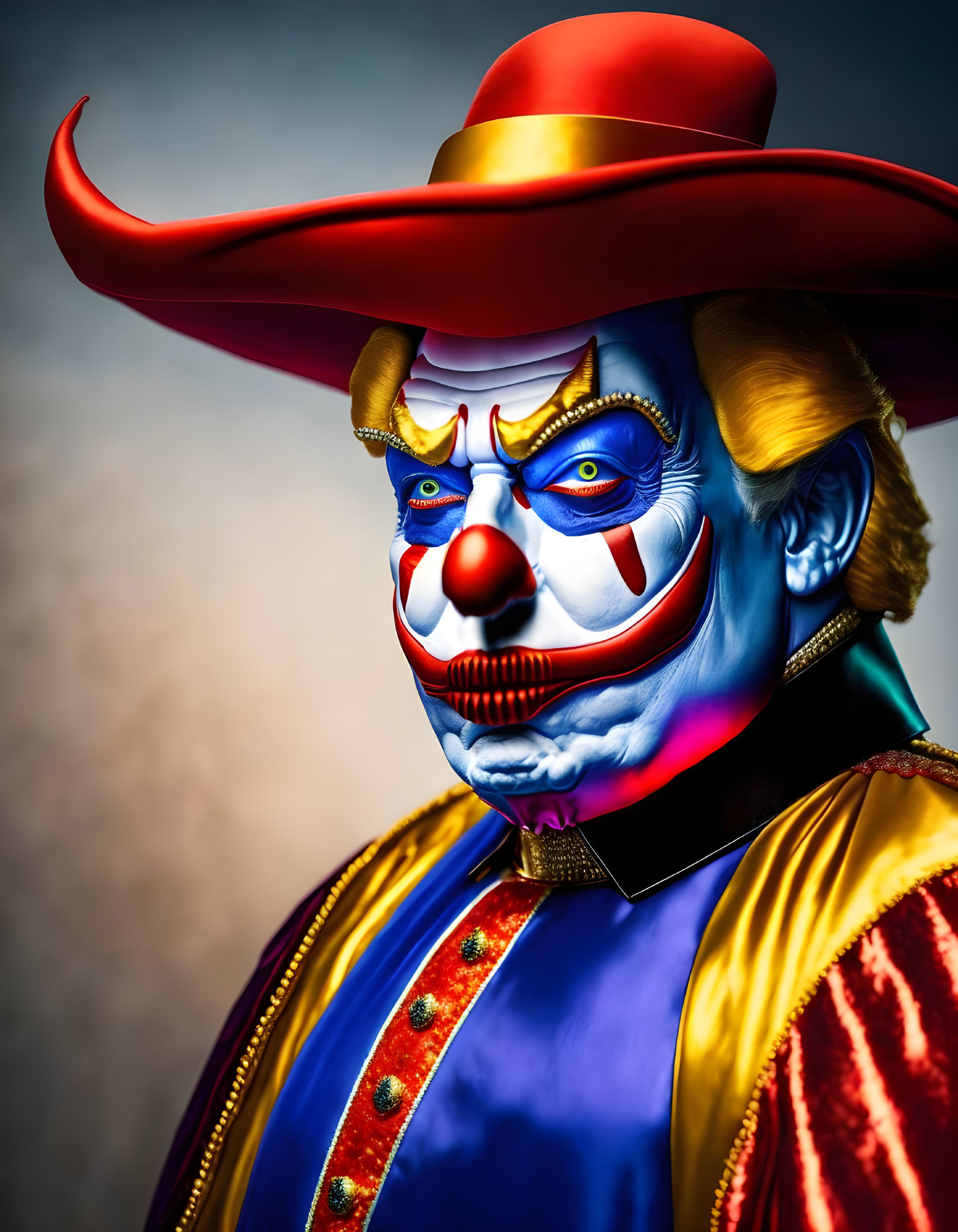 Colorful Clown with Red Hat and Blue Face Paint in Vibrant Outfit