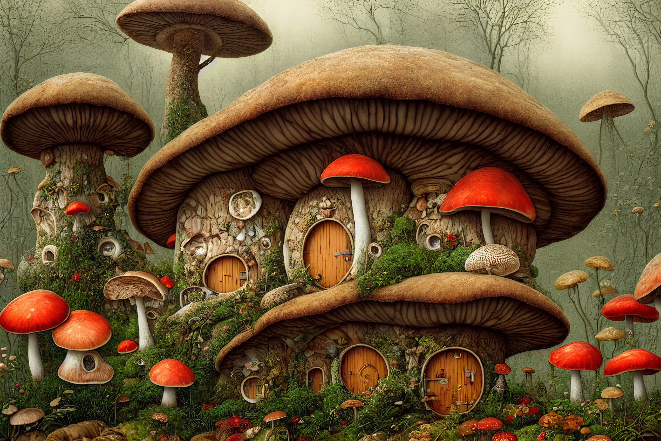 Fantasy village scene with mushroom houses in misty forest