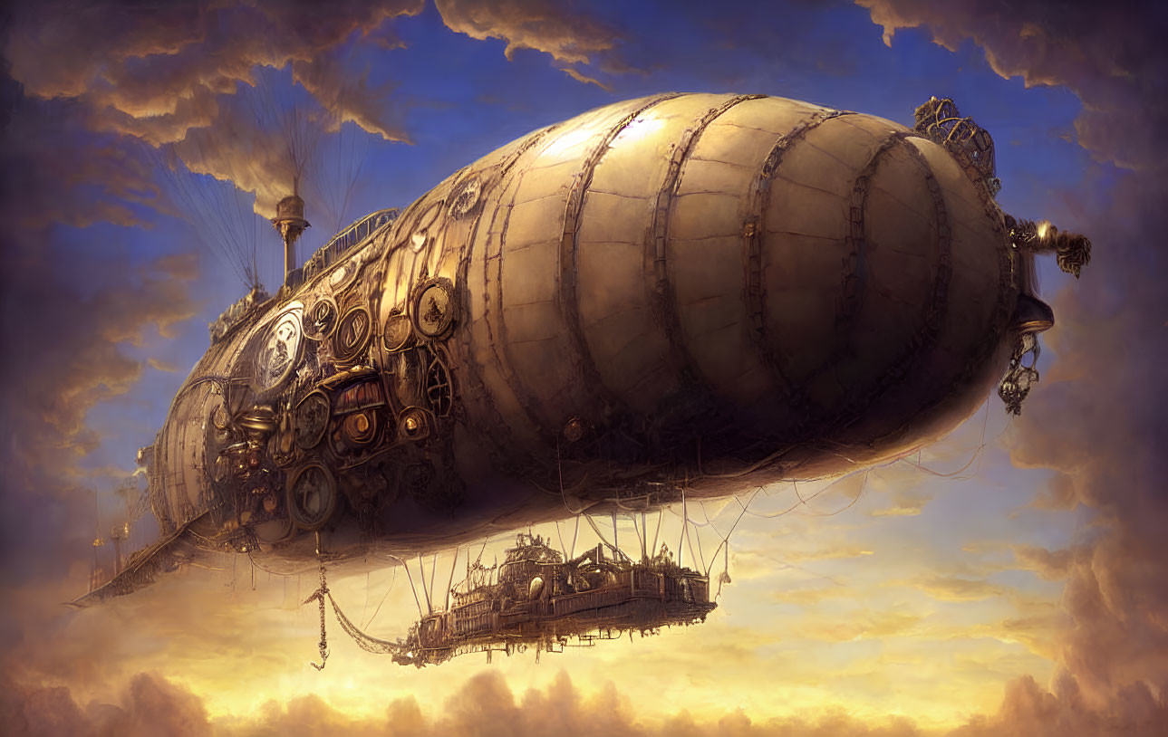 Steampunk-style dirigible with smaller airship in golden sky