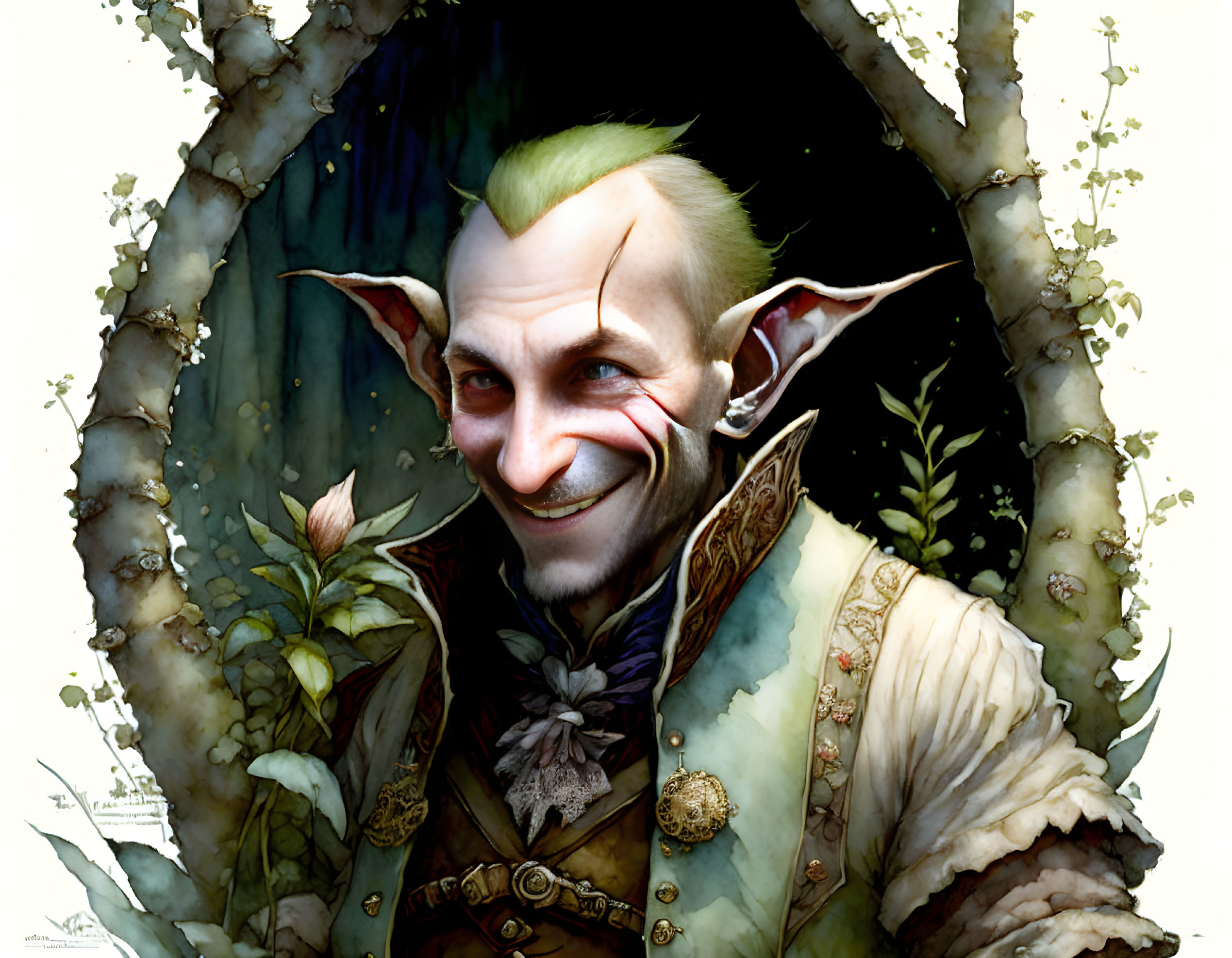 Pointed Eared Fantasy Creature in Elegant Clothing Peeking Through Foliage