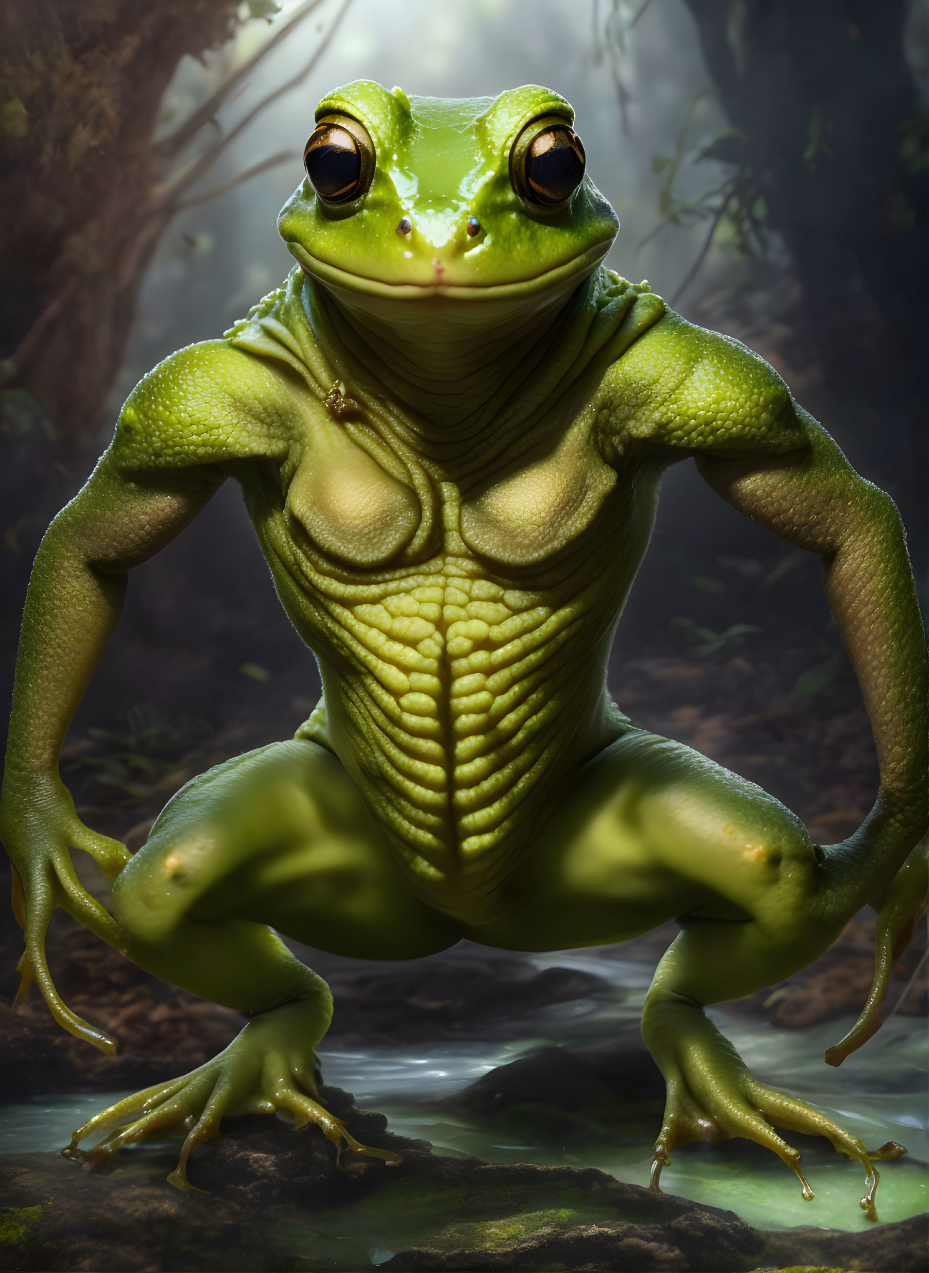 Detailed anthropomorphized green frog in misty forest setting