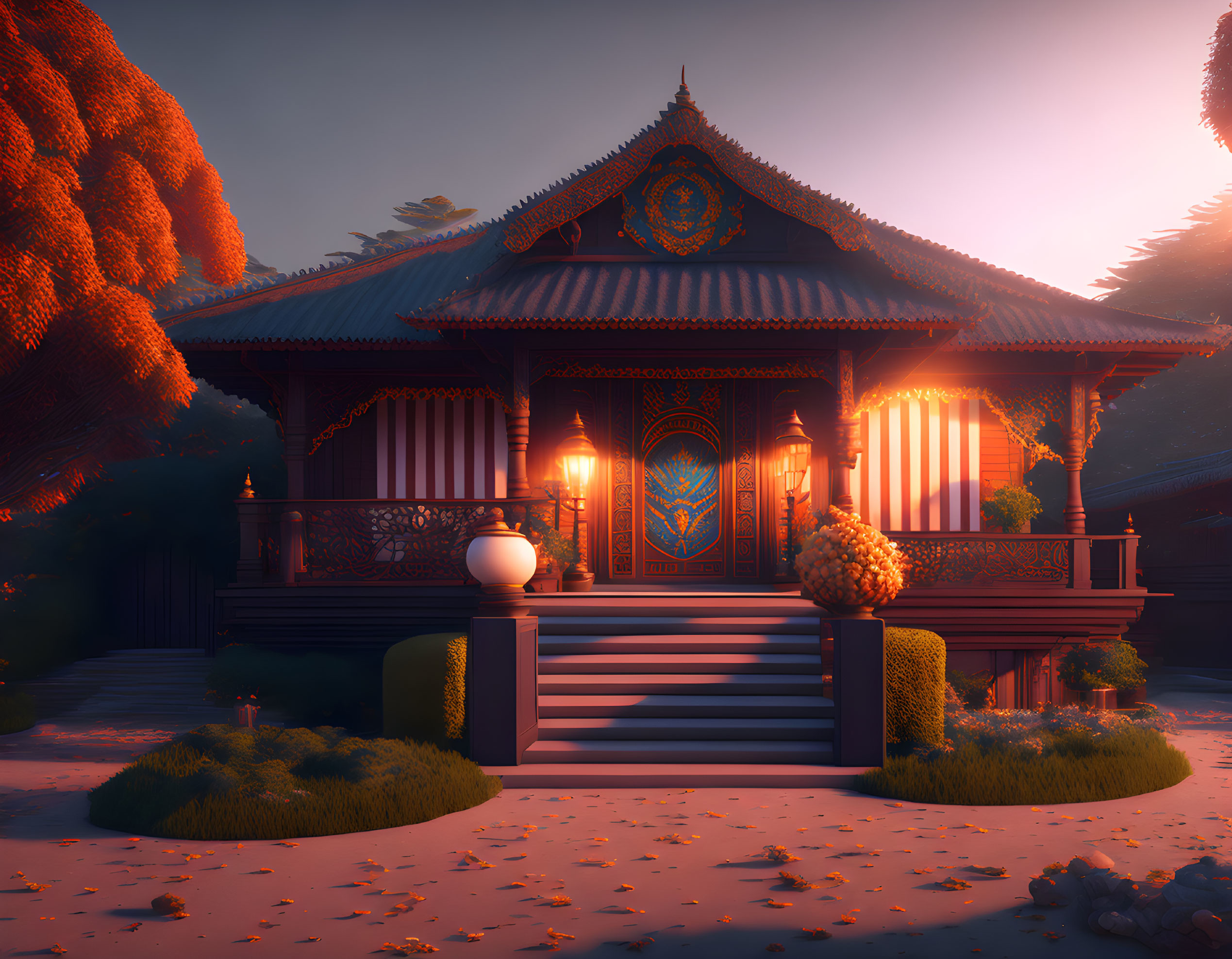 Ornate wooden pavilion at sunset in lush setting