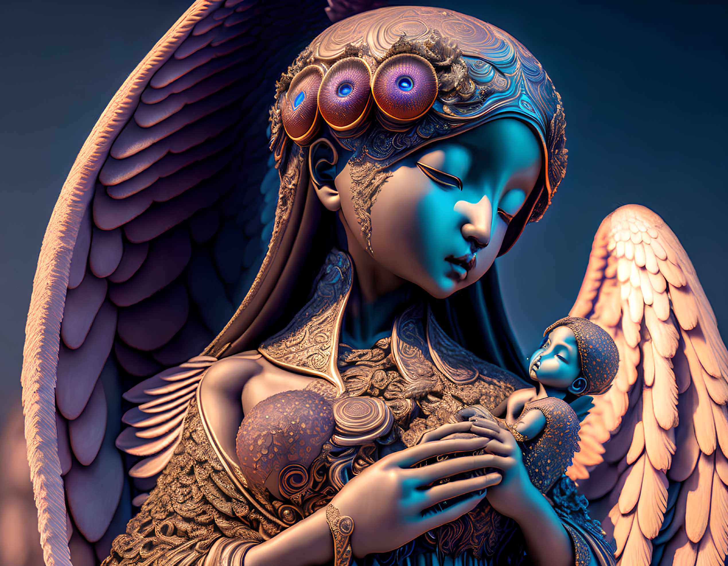 Stylized angelic figures with ornate wings in serene pose