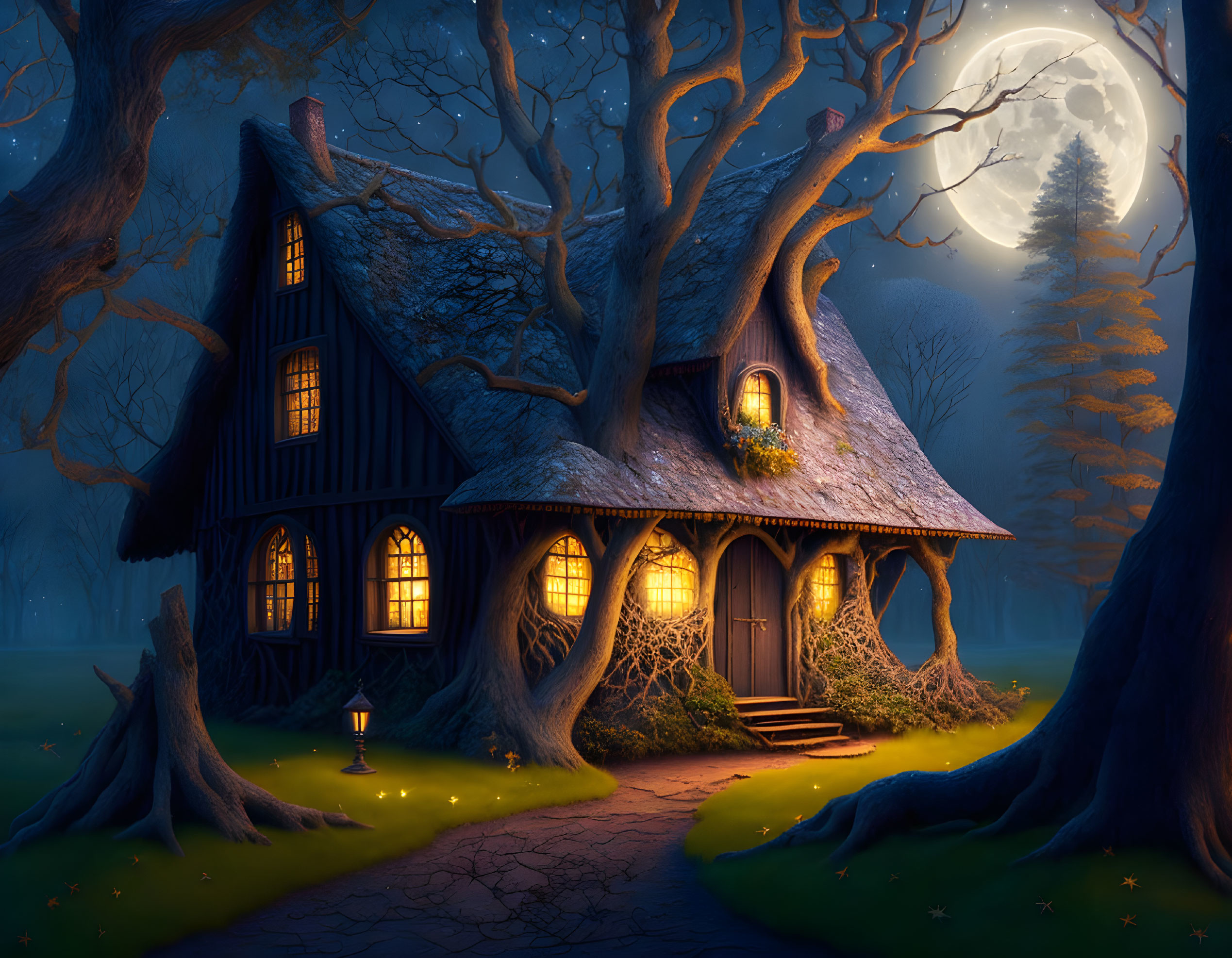 Enchanting cottage in eerie forest under full moon