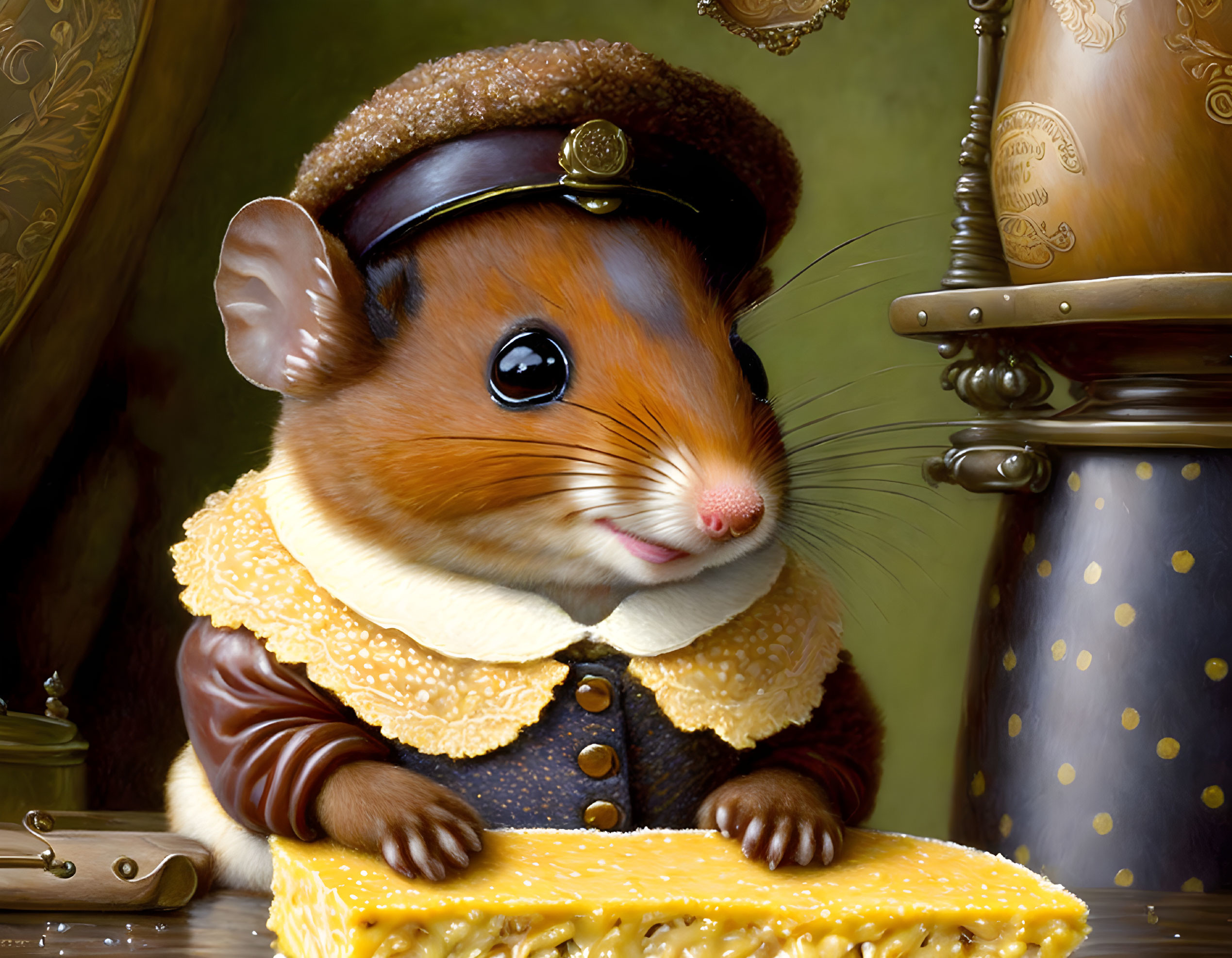 Anthropomorphic hamster in period costume with cheese block at table