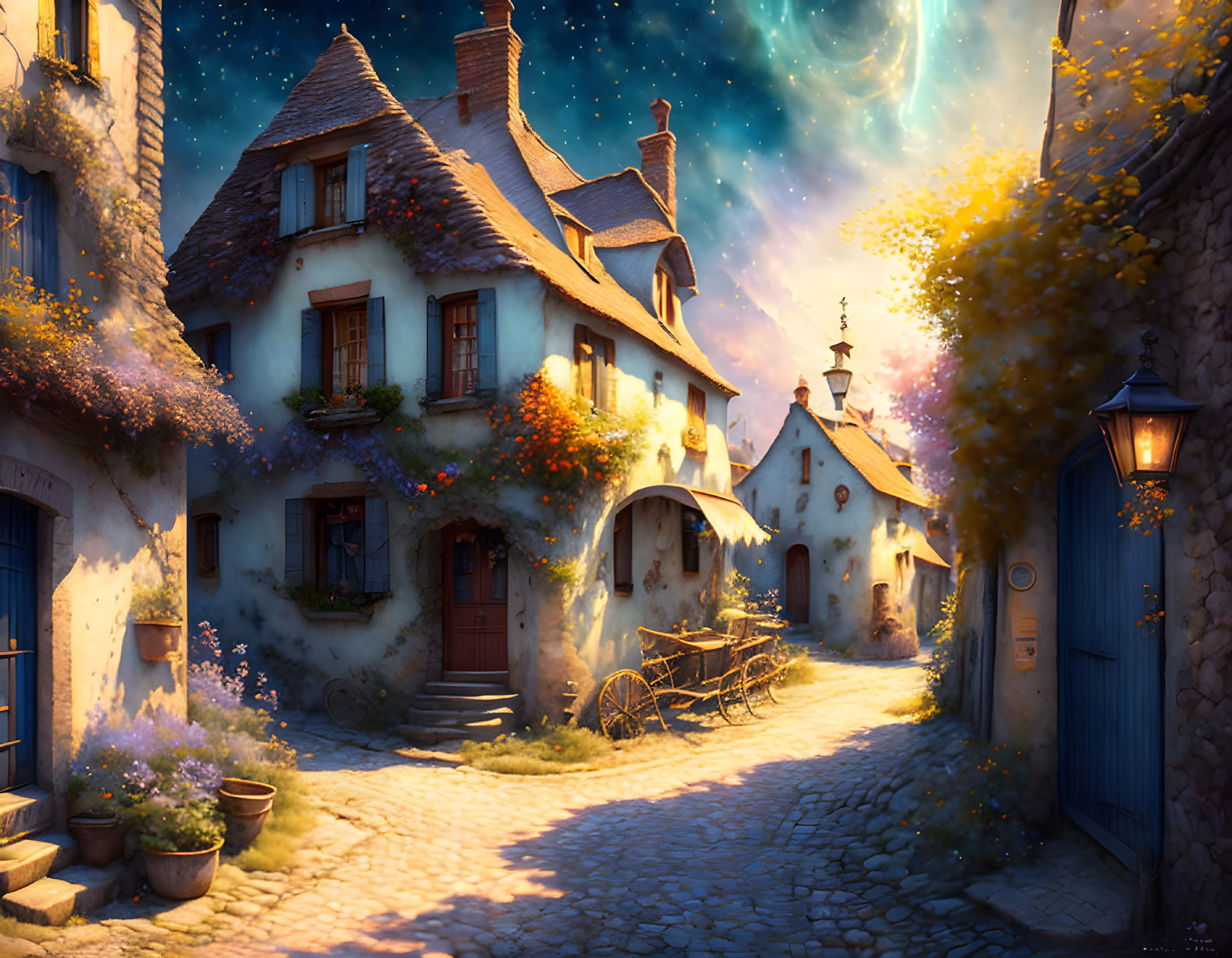 Charming cobblestone street with flower-adorned houses under twilight sky