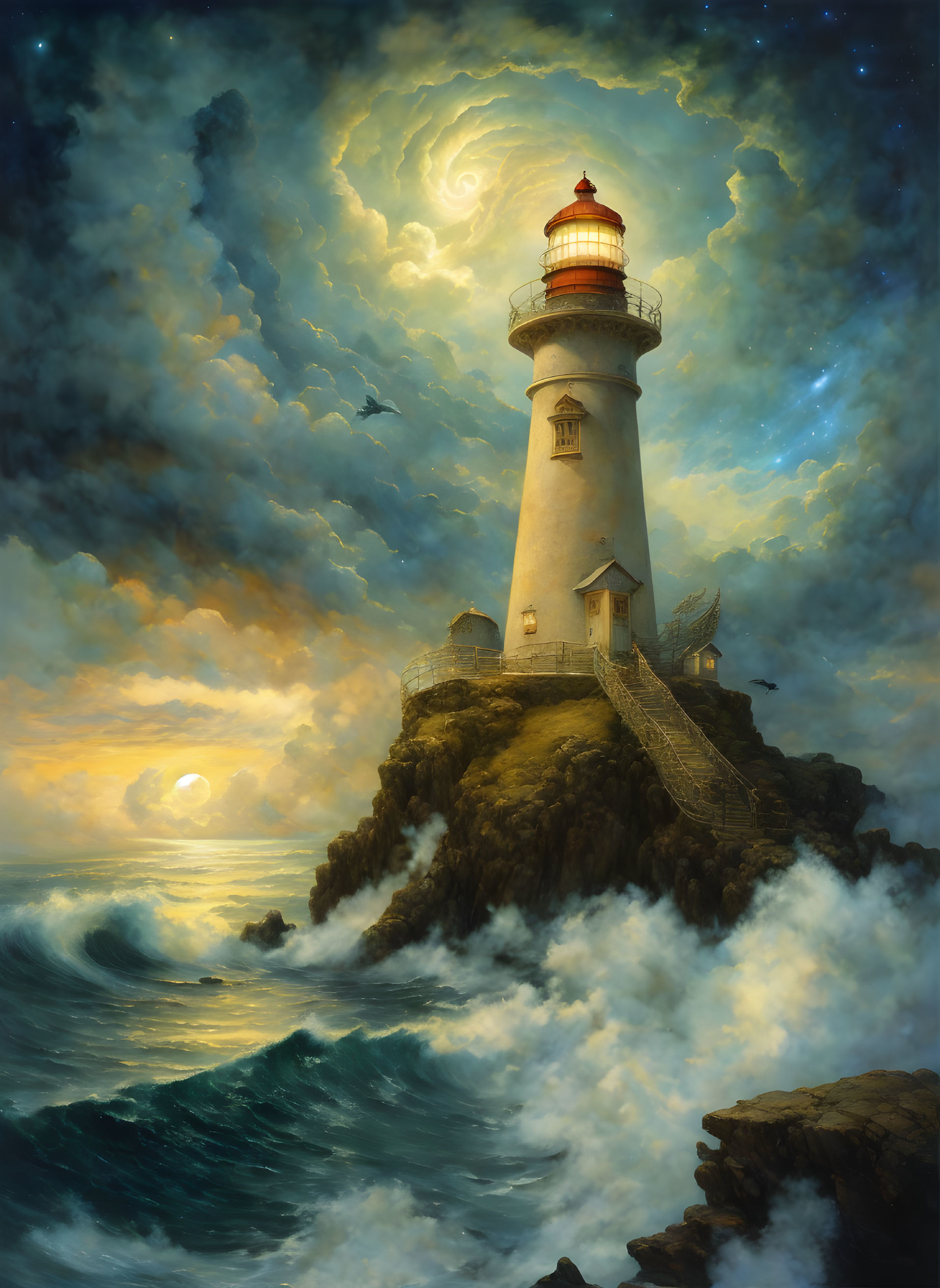 Majestic lighthouse on rugged cliff amid turbulent sea waves