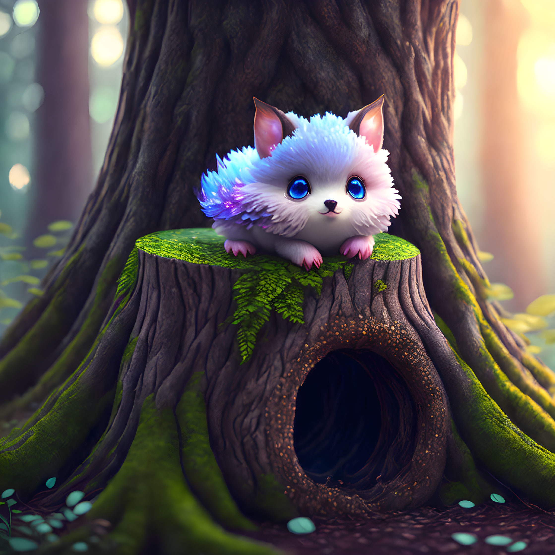 Blue furry creature with spikes on tree stump in golden-lit forest