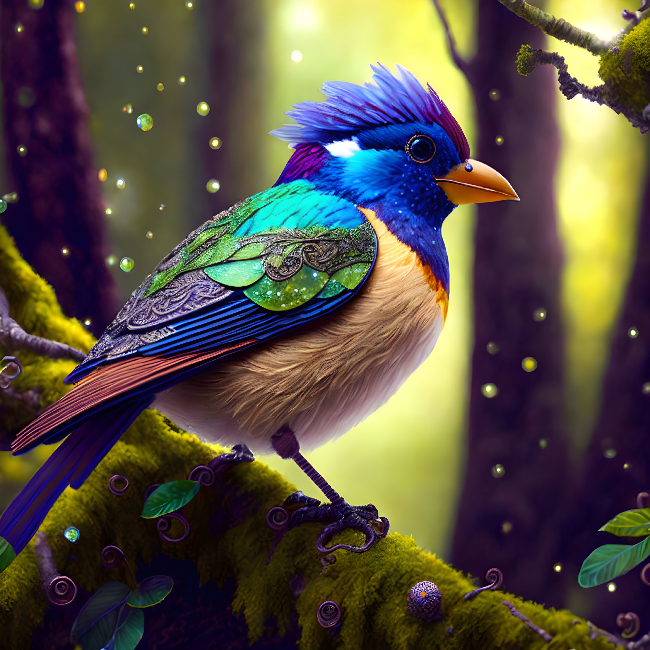 Colorful Fantastical Bird Illustration in Enchanted Forest