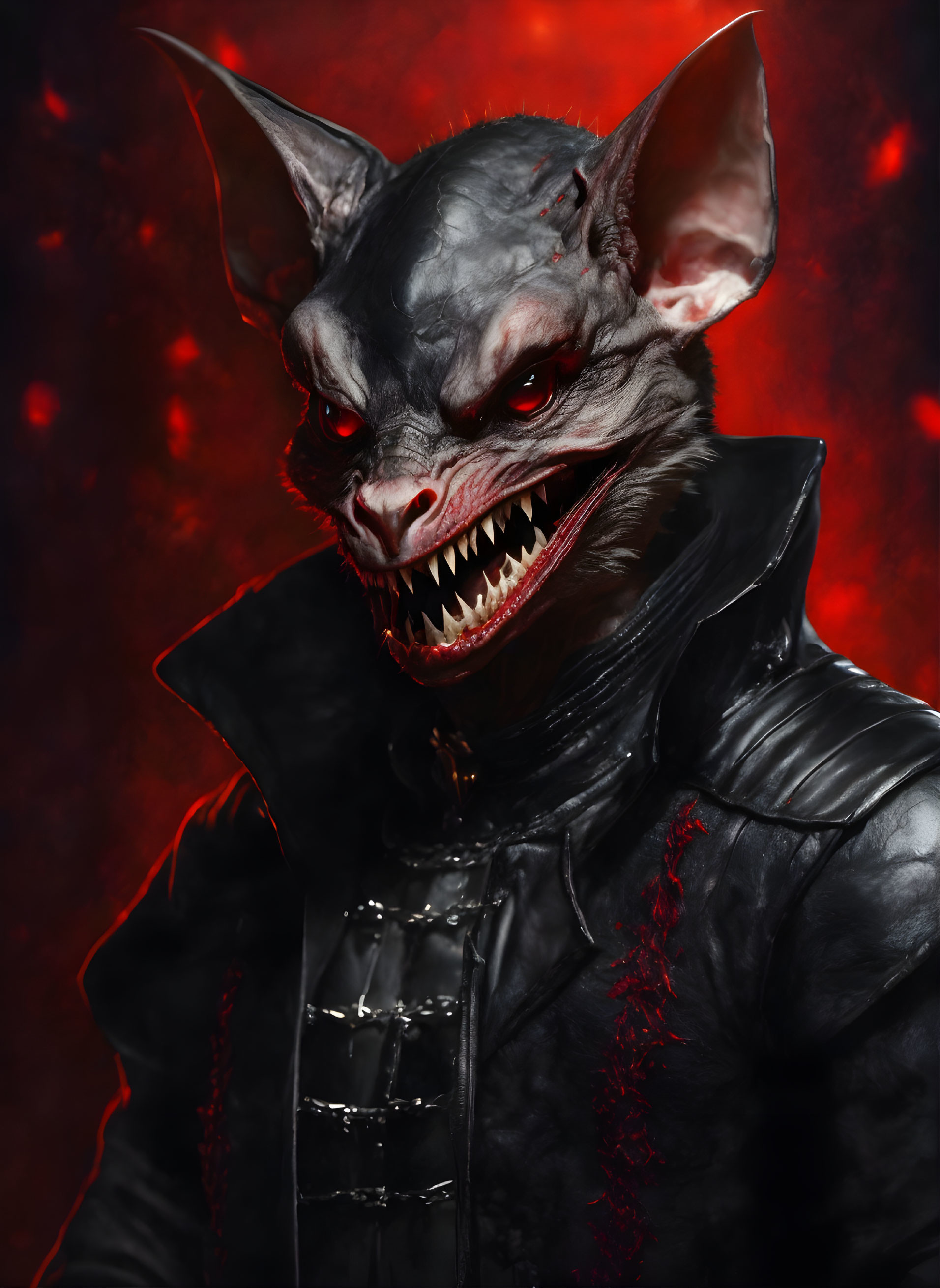 Sinister bat-like figure in black leather jacket with red eyes on smoky red backdrop