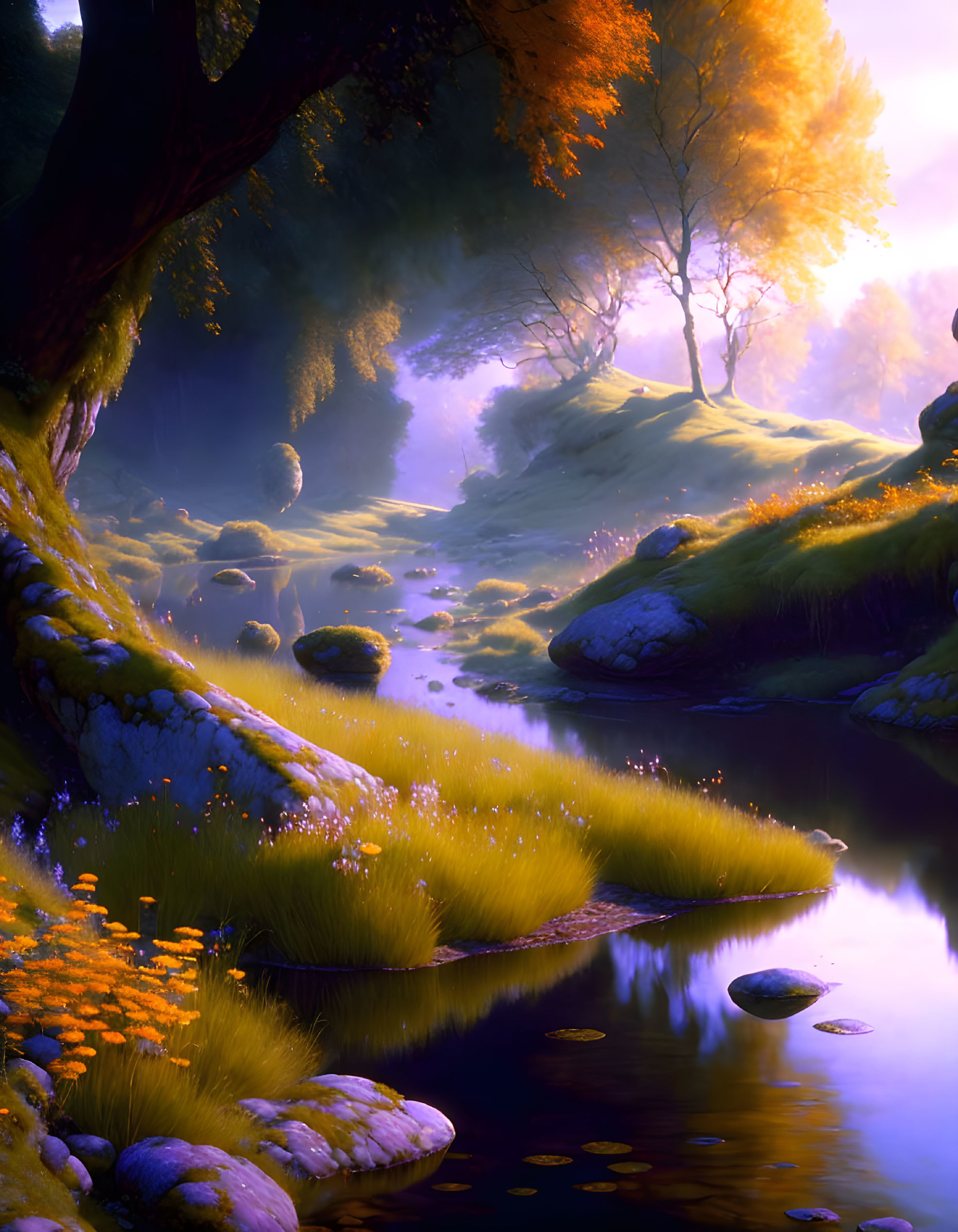 Glowing mystical river in vibrant fantasy forest