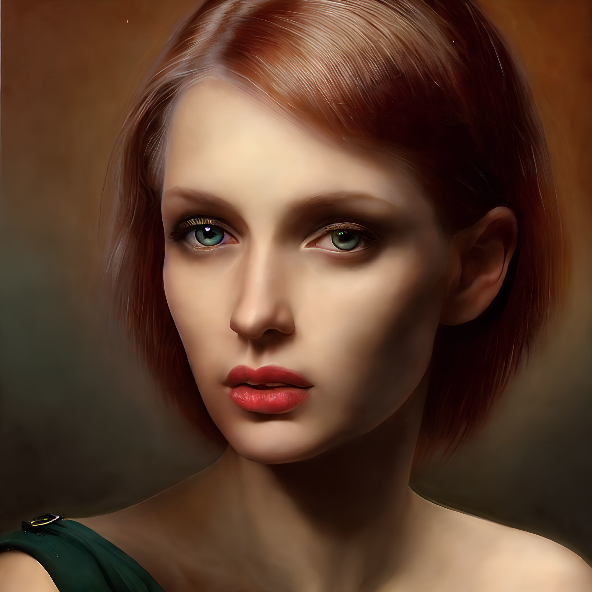 Portrait of woman with auburn hair and green eyes on warm background