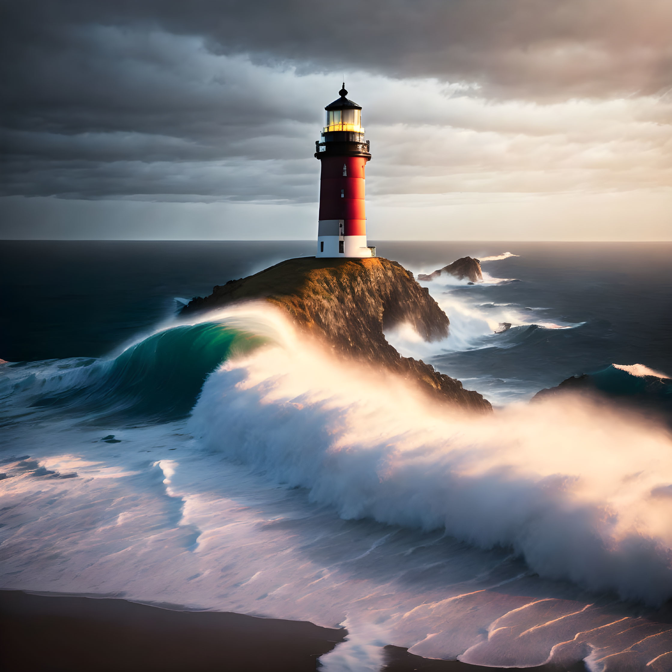 Dramatic red and white striped lighthouse on rocky cliff with crashing waves and moody sky