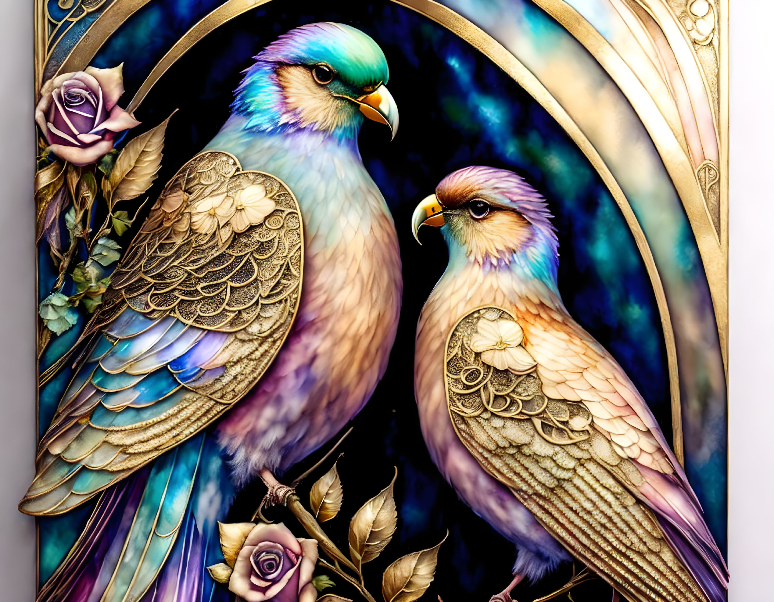 Vibrantly colored illustrated birds on stylized rose background