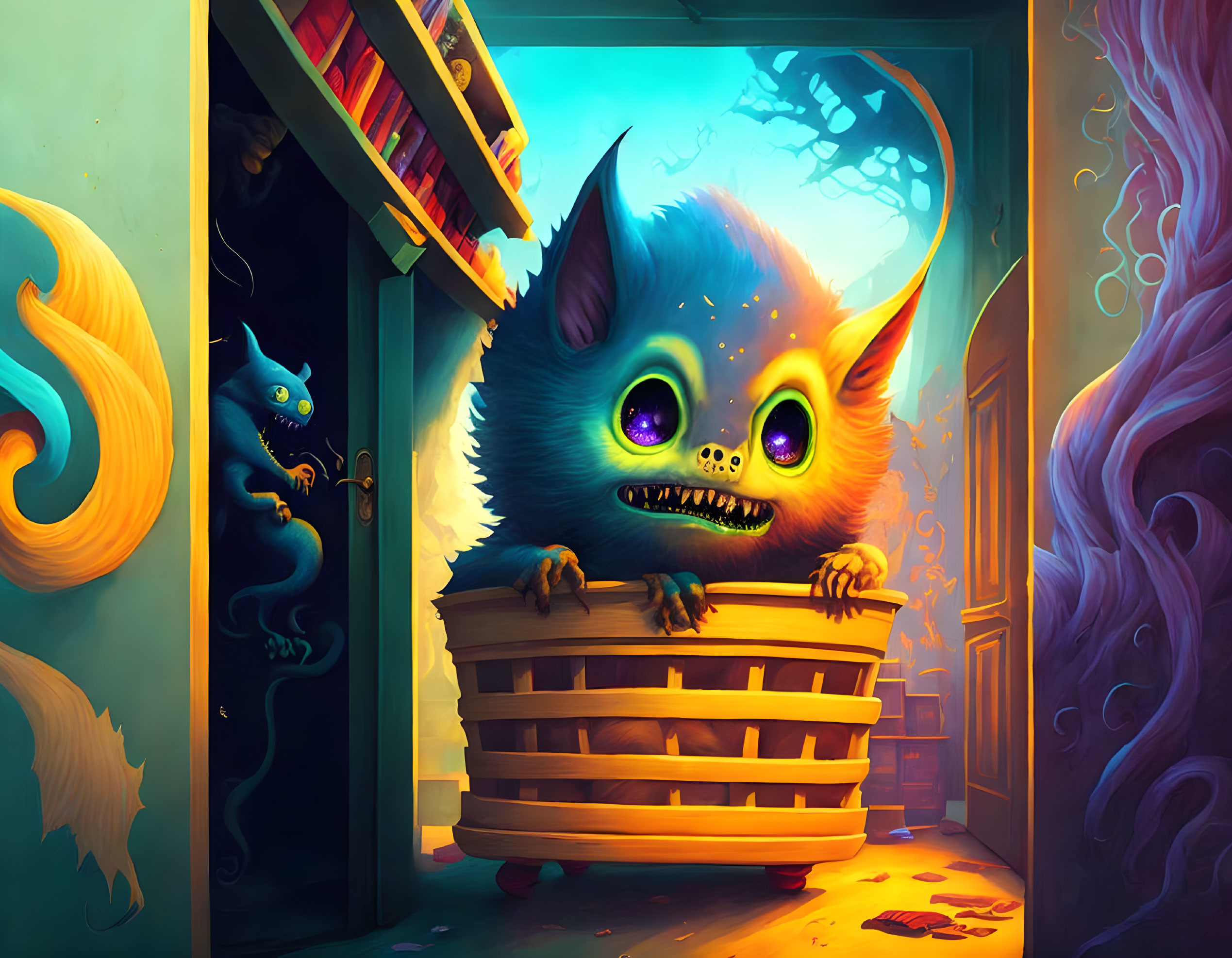 Colorful Illustration: Large, Furry Monster and Small Creature in Mystical Doorway