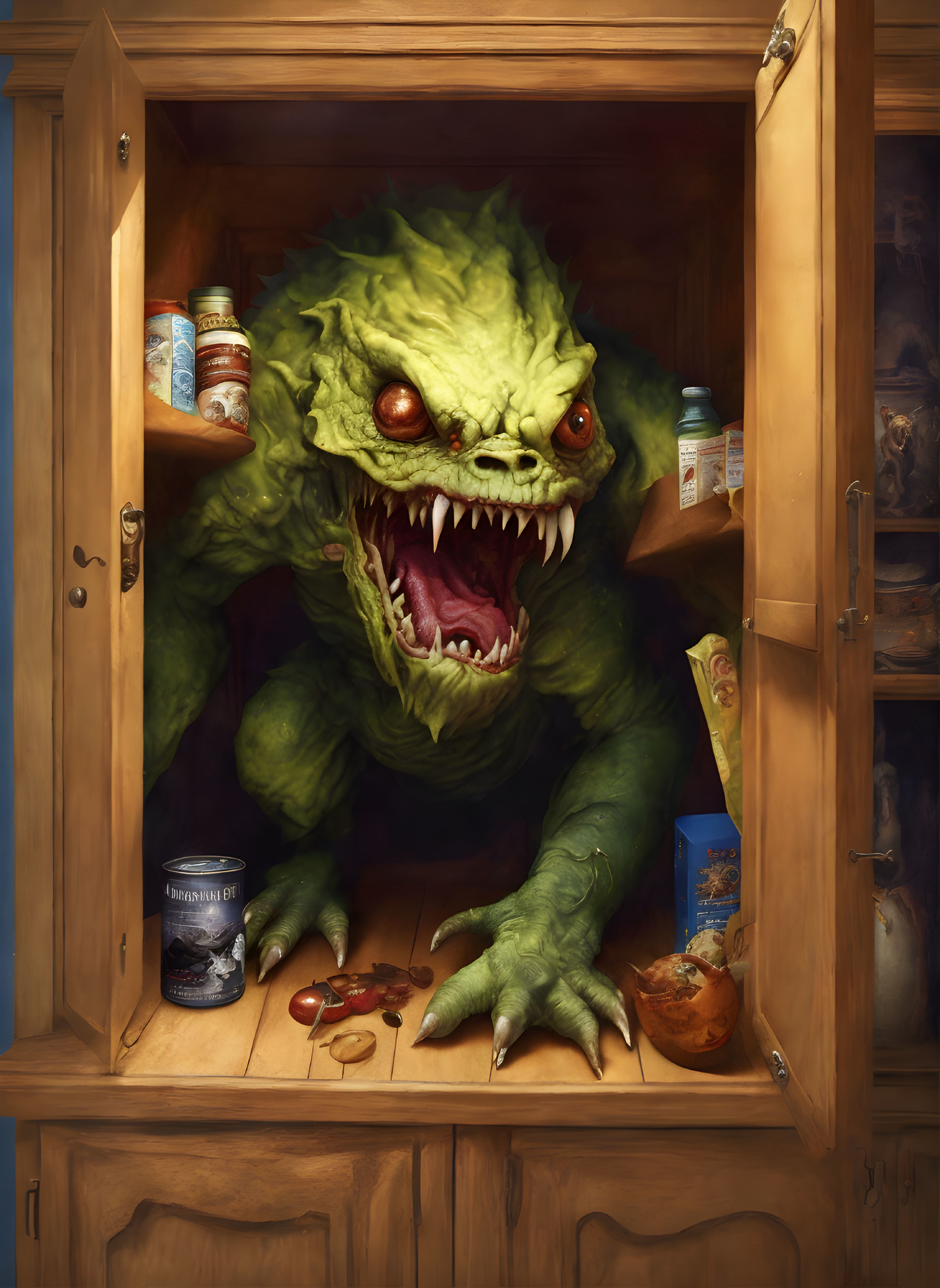 Monstrous green creature emerges from cupboard among food items