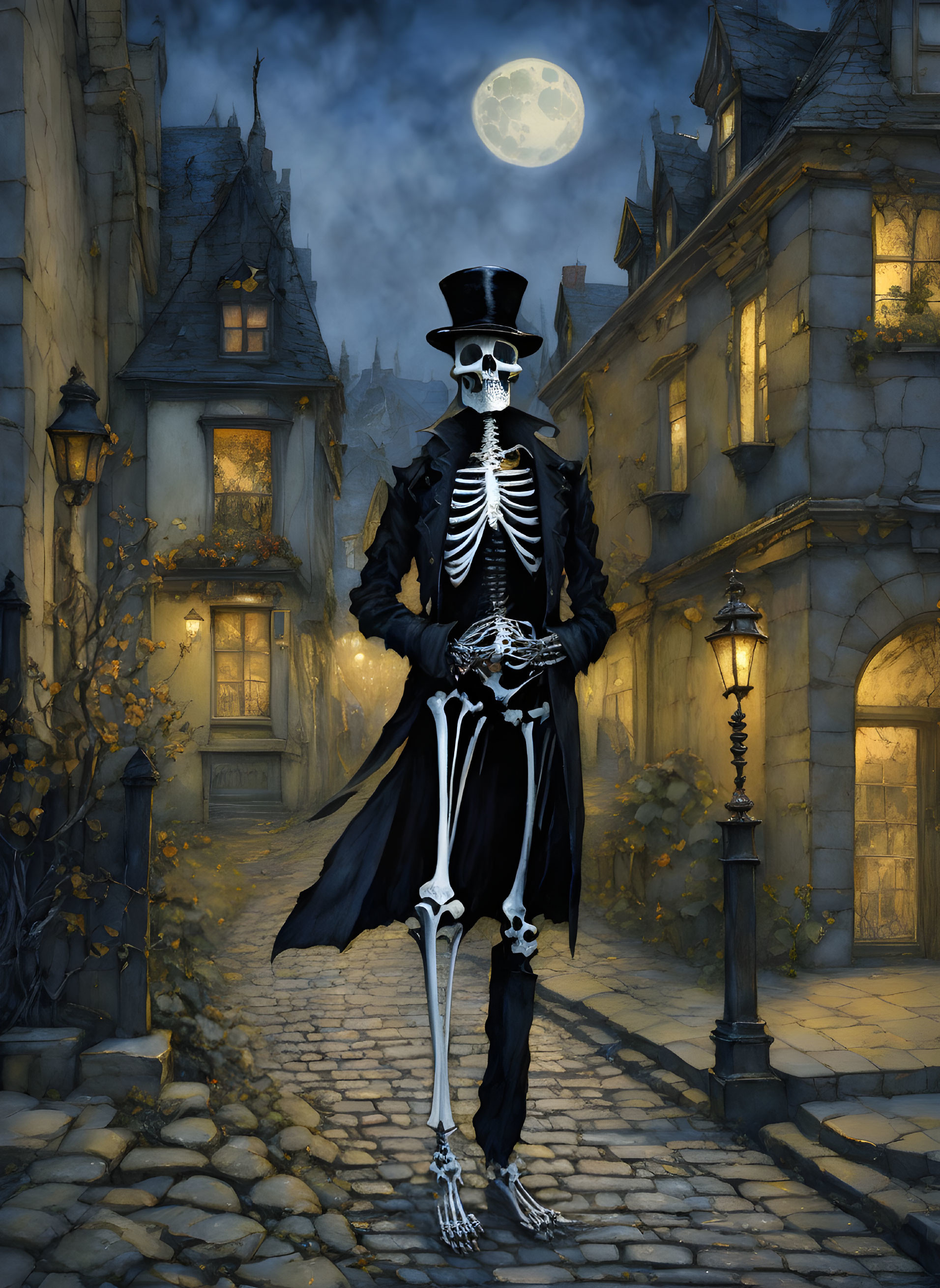 Stylized skeleton in top hat and coat on moonlit street