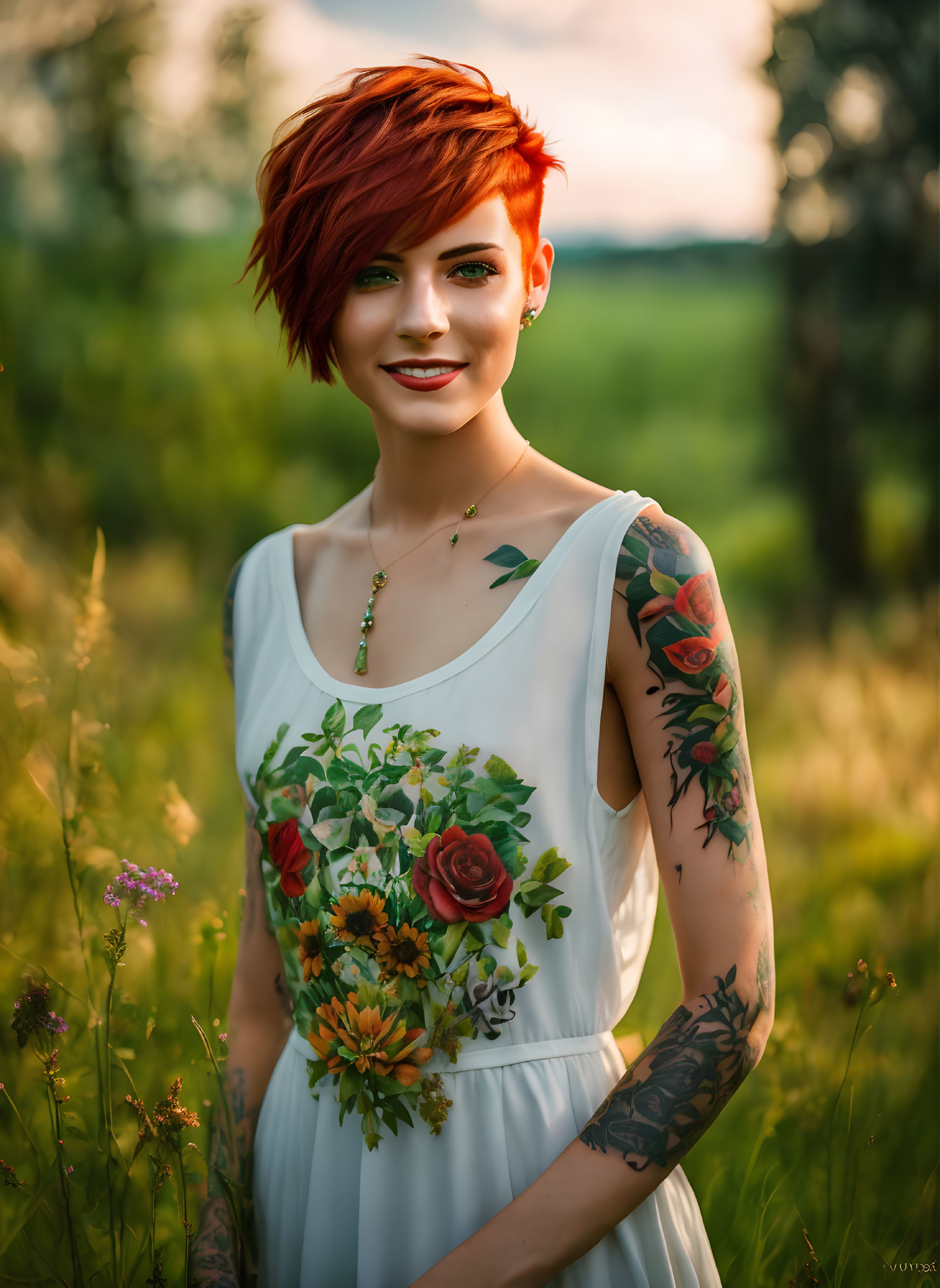 Red-haired woman with tattoos in white floral dress holding flowers