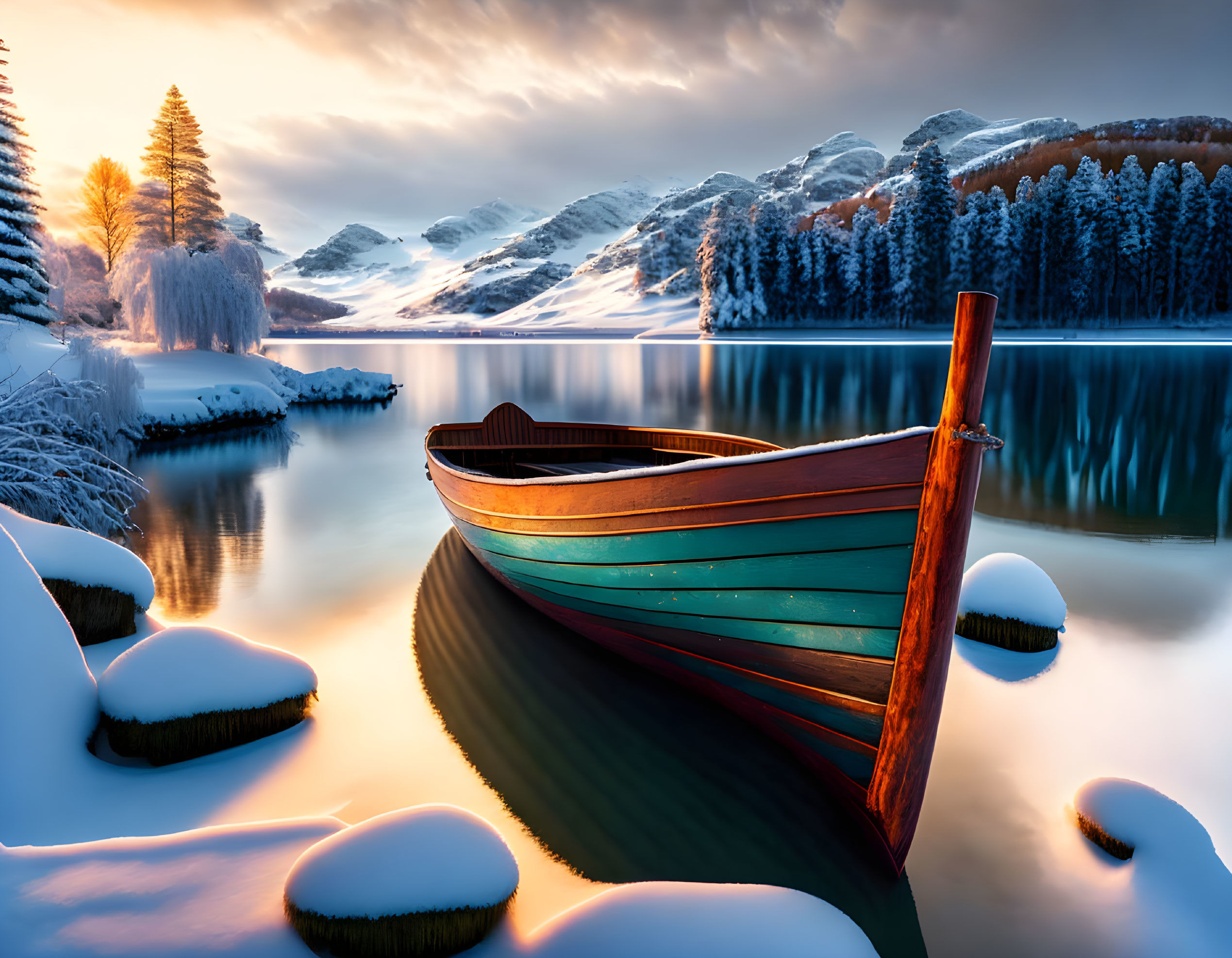 Colorful Boat in Serene Winter Lake Scene