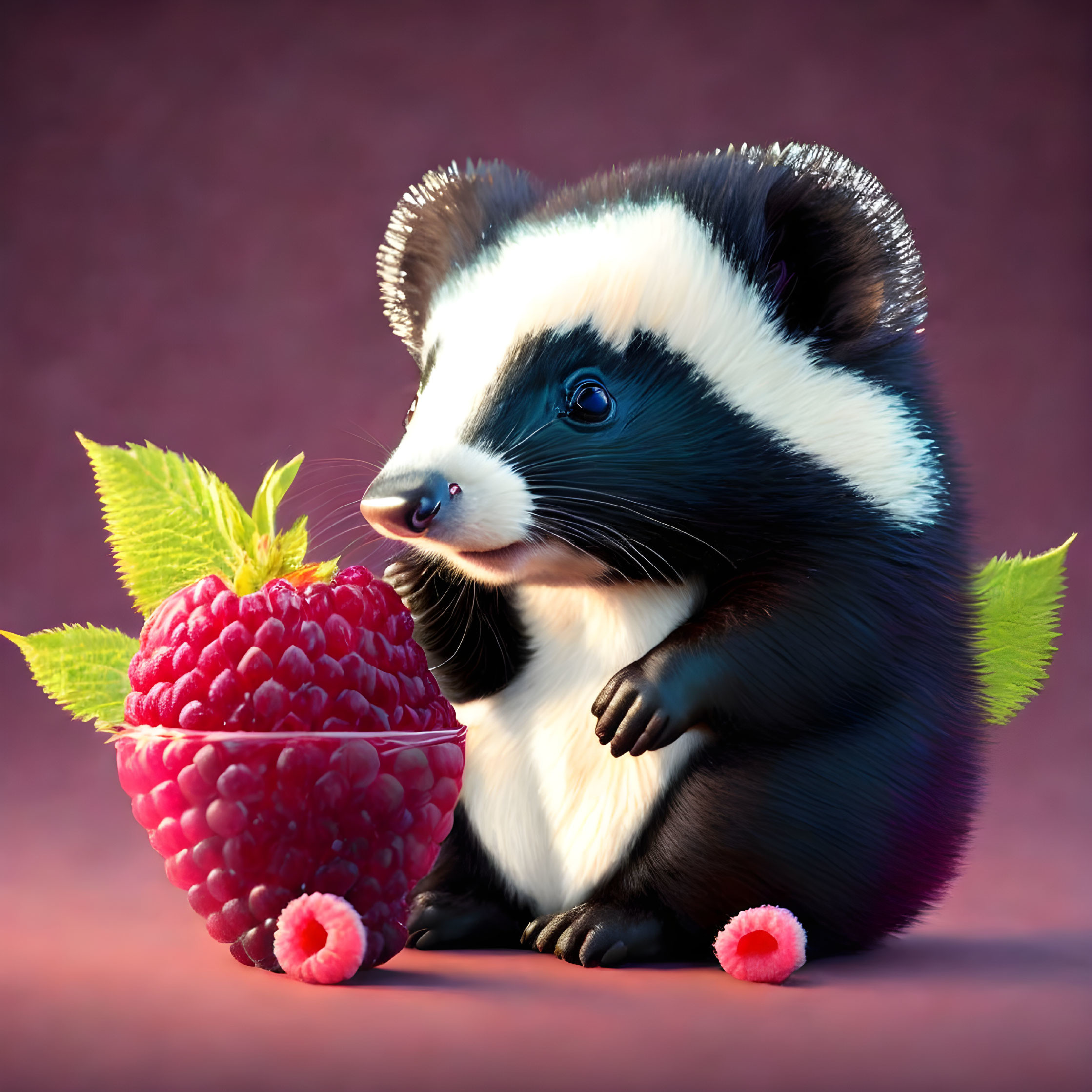 Illustration of cute badger with raspberry on pink background