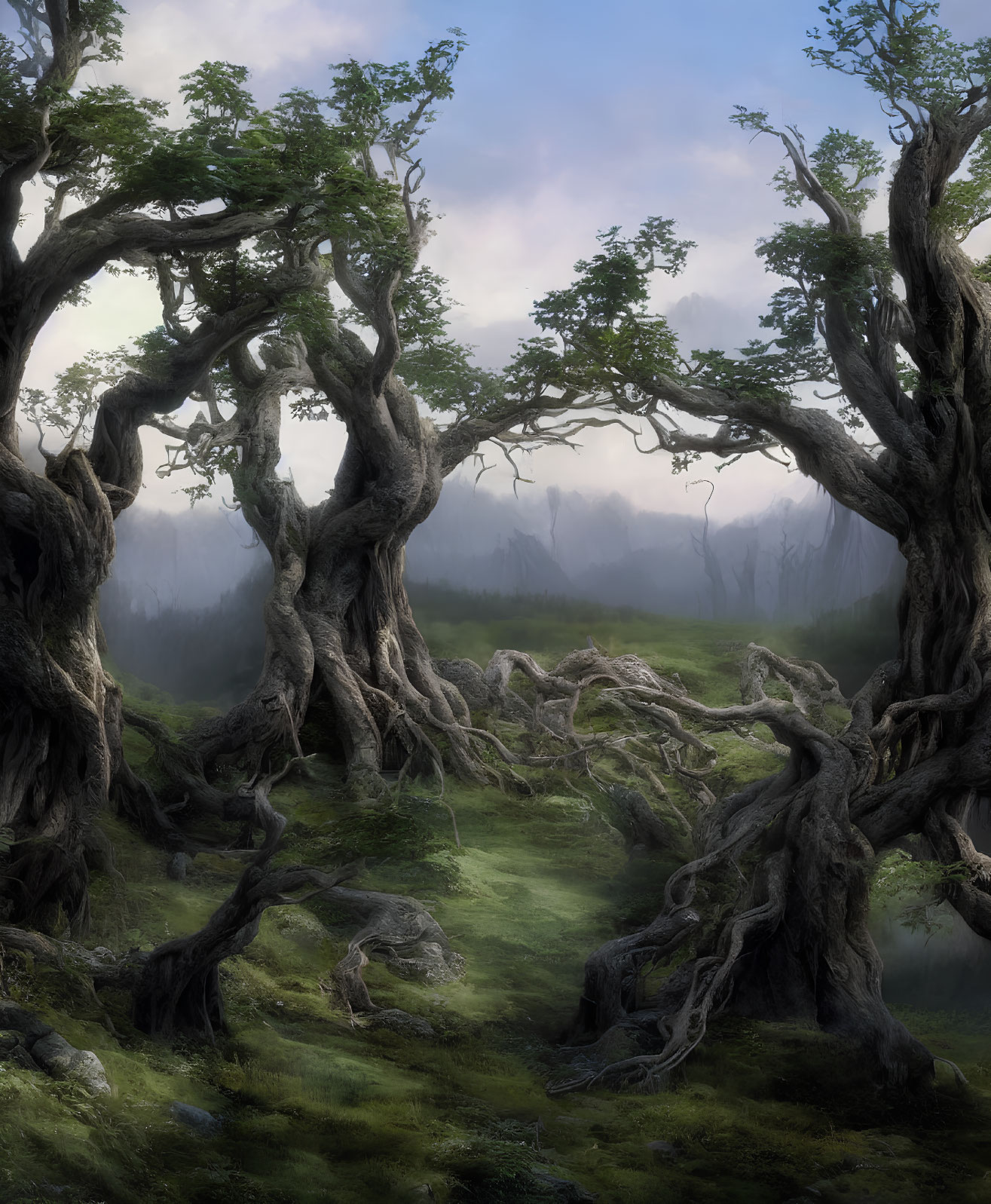 Ethereal forest scene with gnarled trees and misty mountains