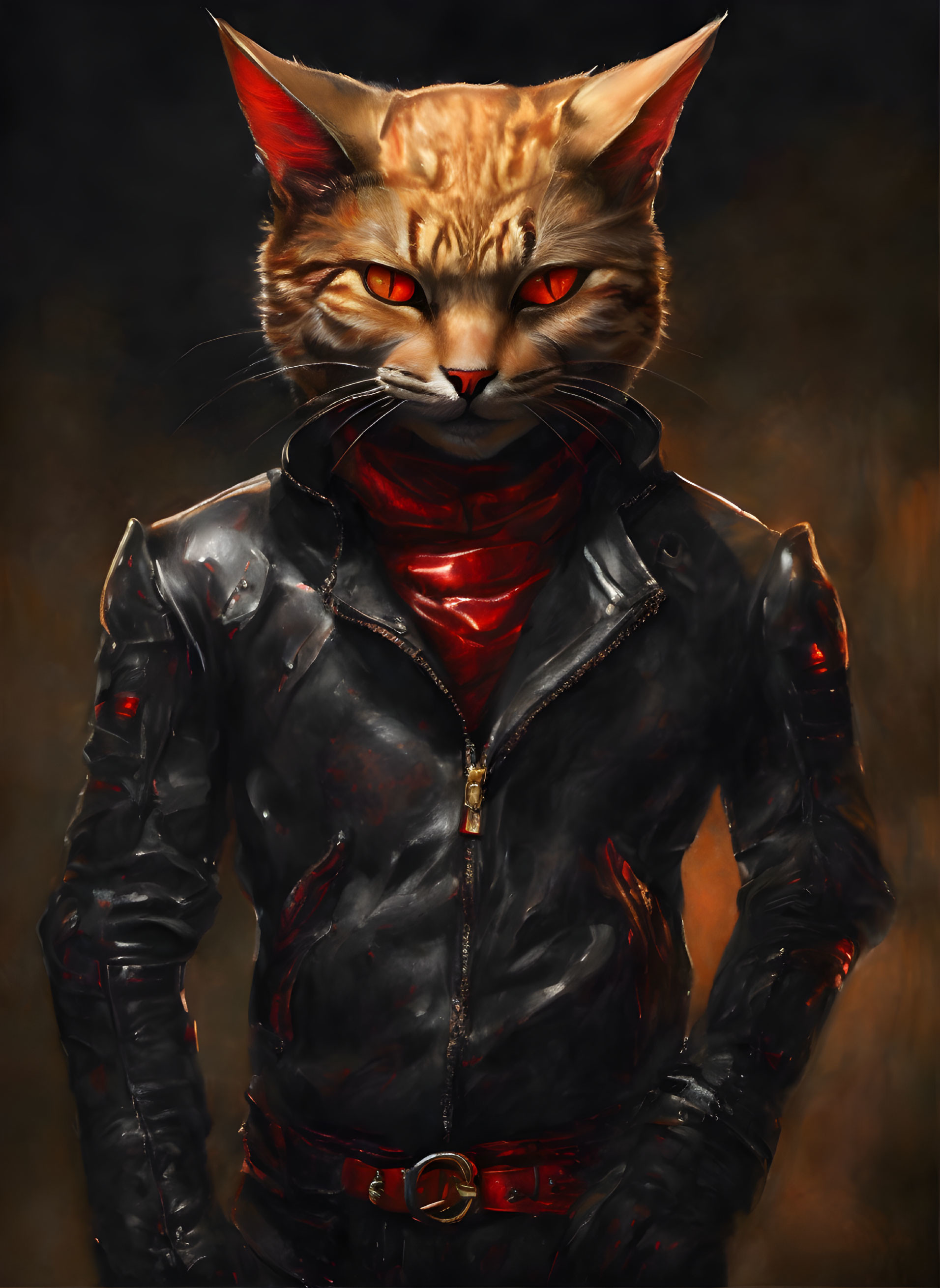 Anthropomorphic cat in black leather jacket with red shirt and red eyes