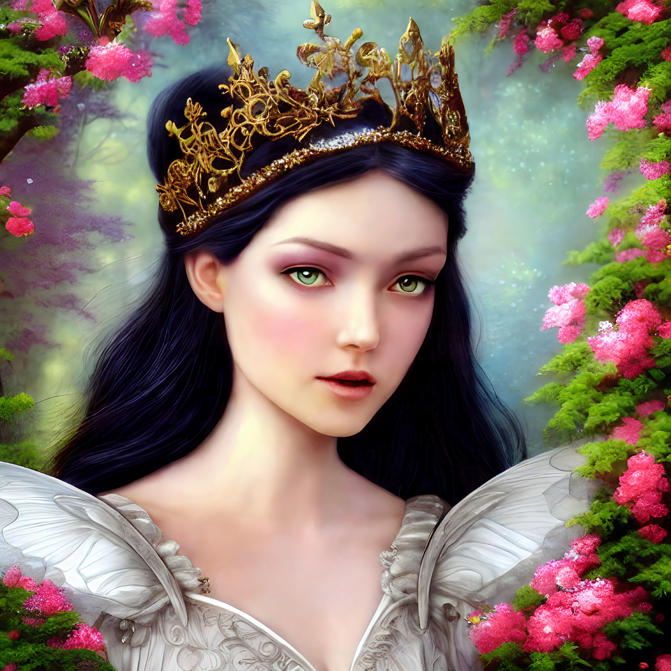 Fantasy queen digital art with golden crown, green eyes, pink blossoms