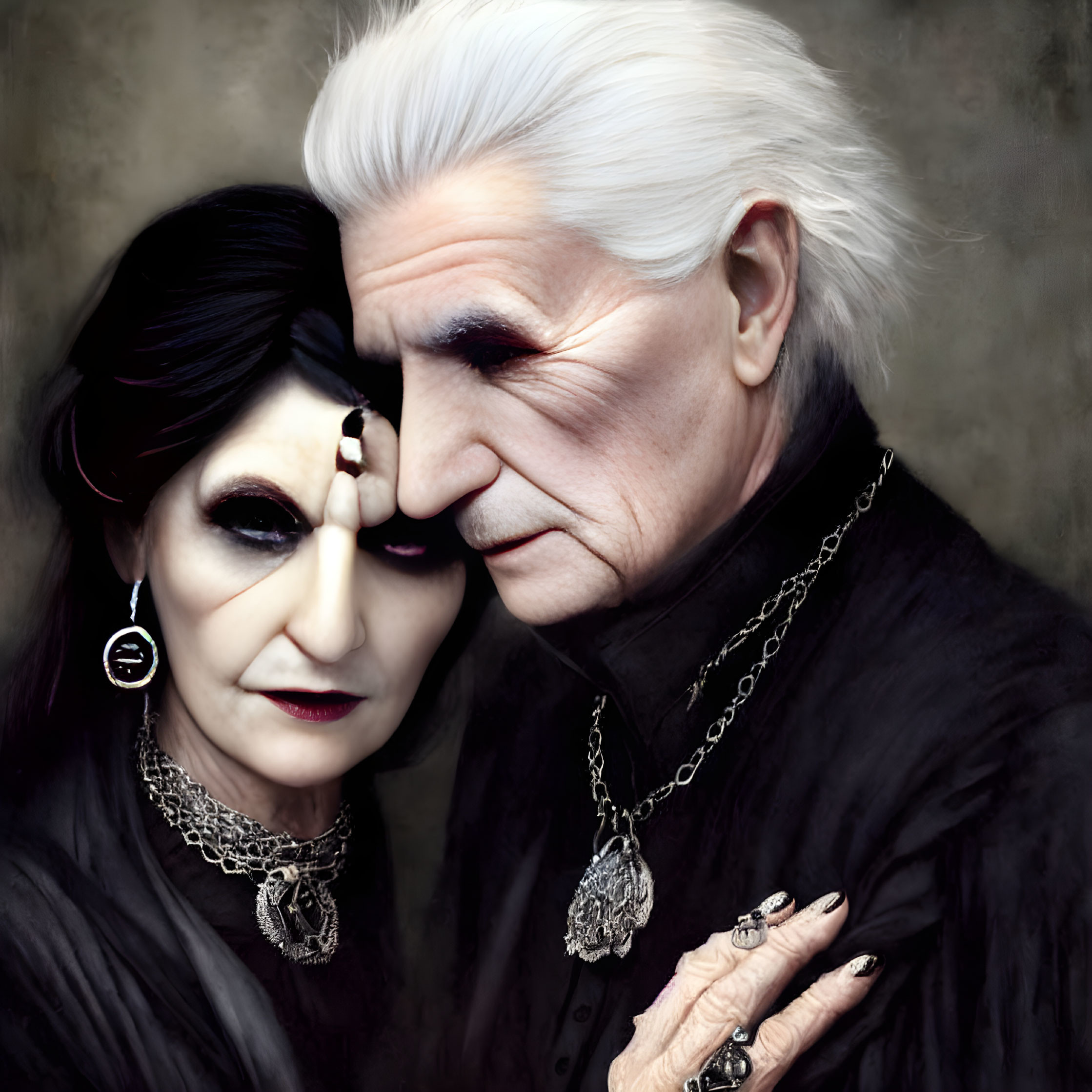 Elderly Gothic couple in dark attire and jewelry pose closely