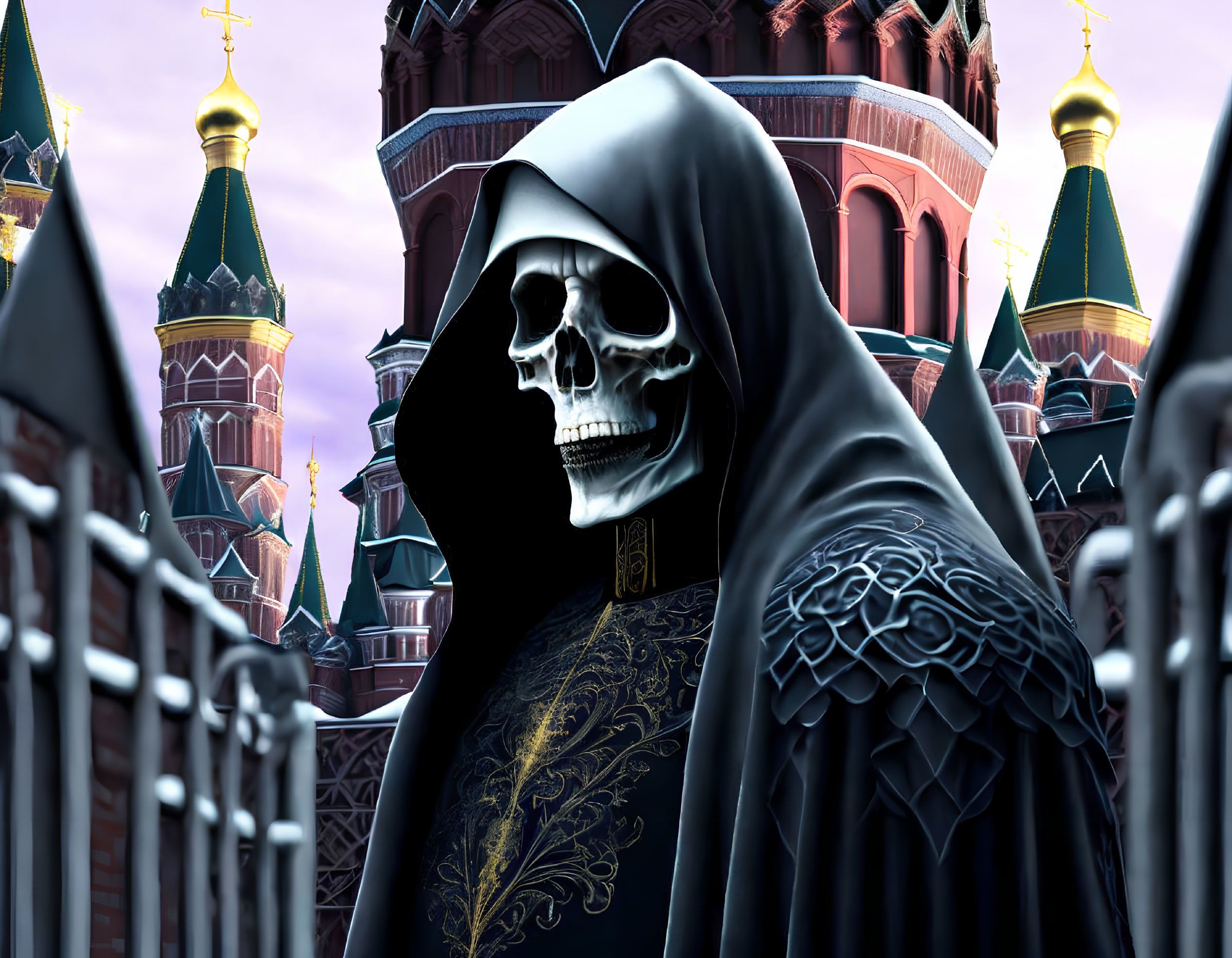 Skeleton in Black Hooded Cloak with Russian Buildings Background