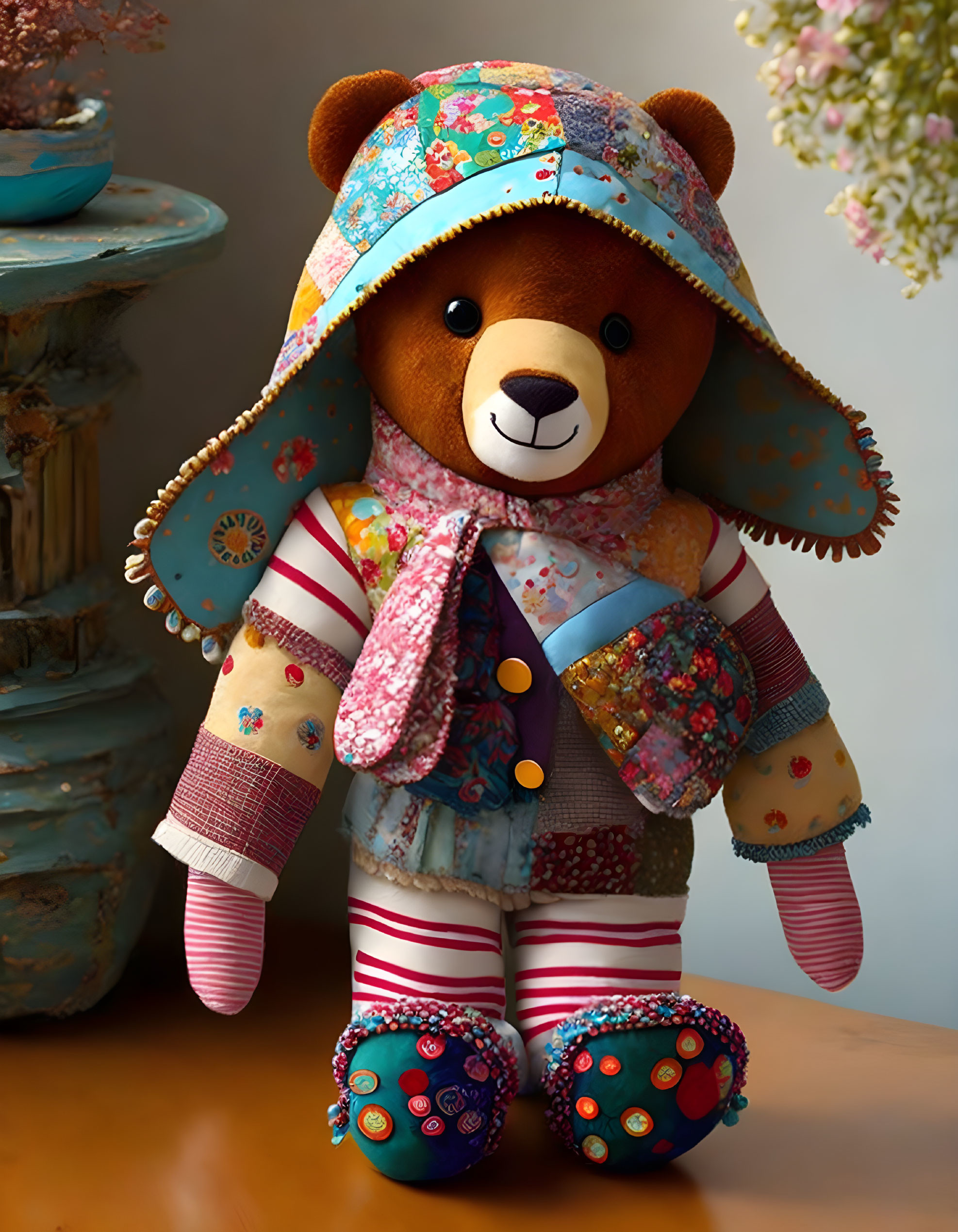 Colorful Patchwork Outfit Teddy Bear with Matching Hat Beside Flowers on Table