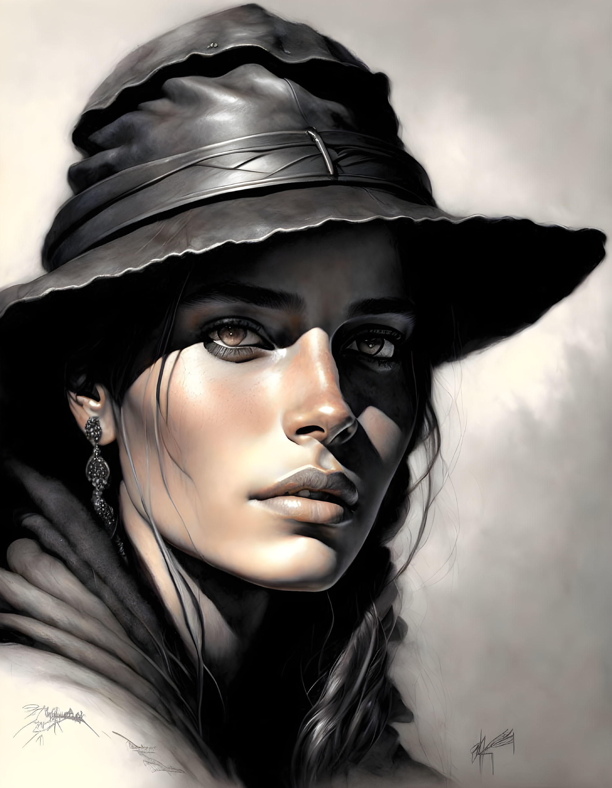 Detailed digital portrait of woman with intense eyes in wide-brimmed hat and scarf, grayscale with warm