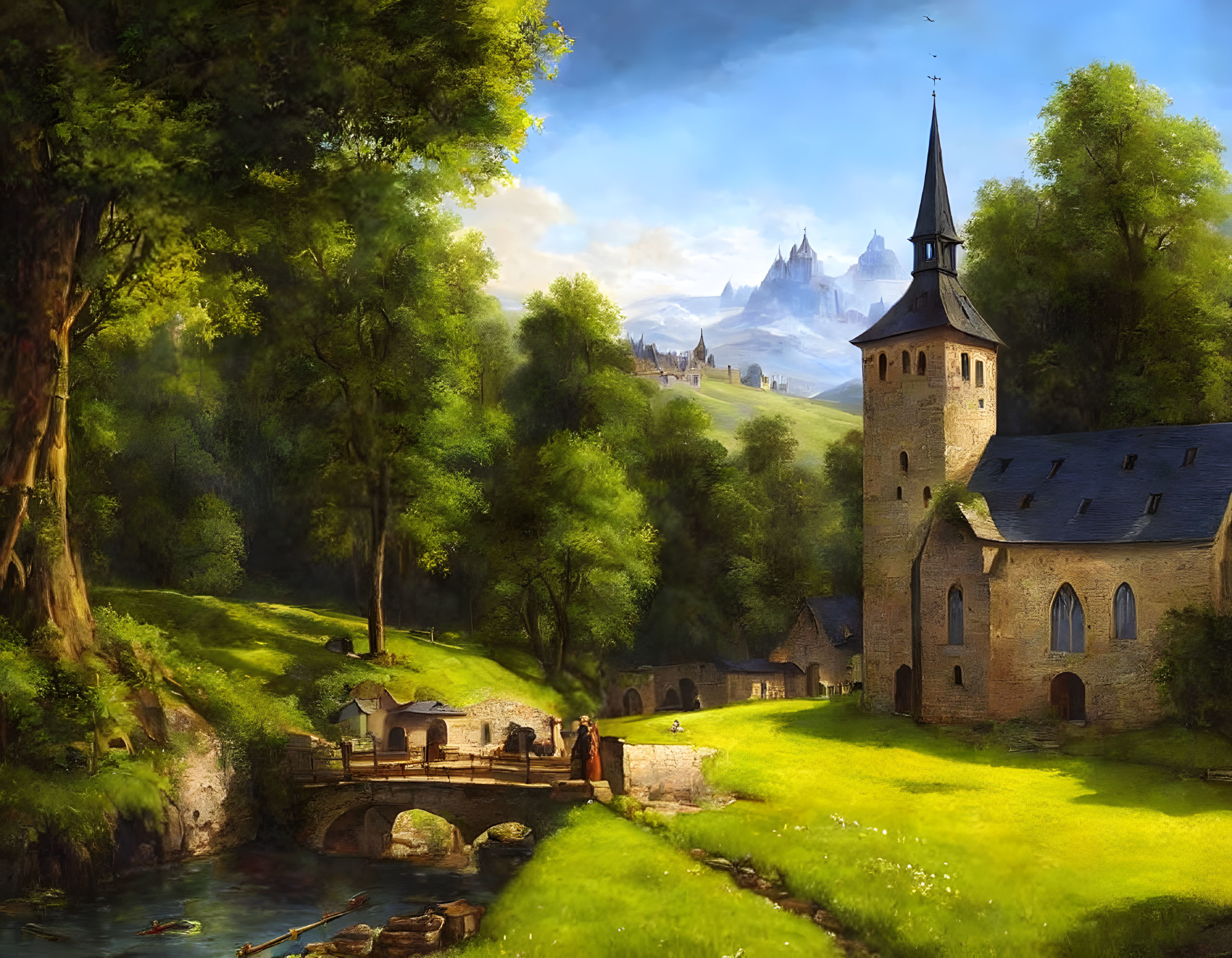 Pastoral landscape with old church, stream, people, greenery, and distant castle.