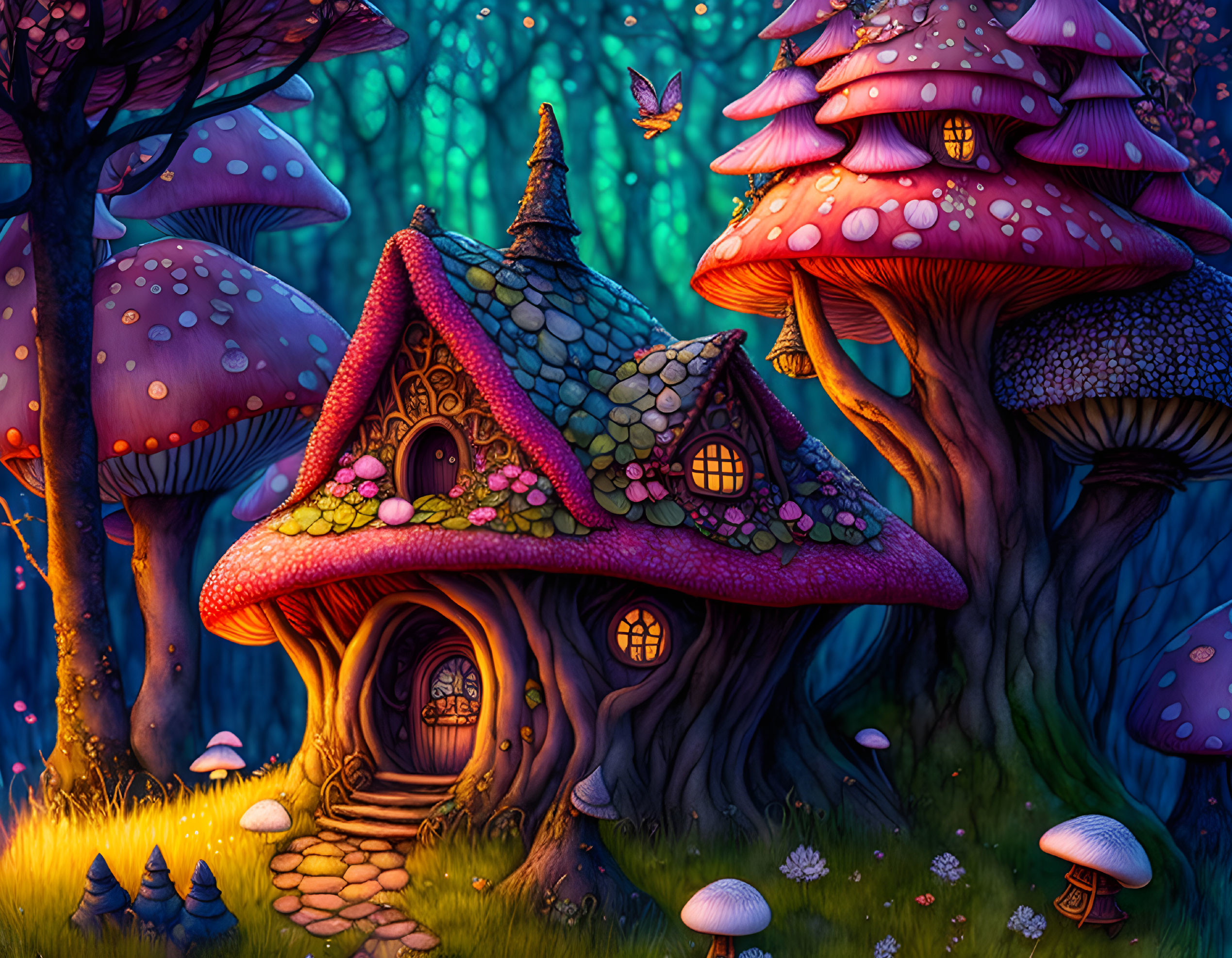 Illustration: Whimsical forest with mushroom houses, colorful flora, butterfly, twilight ambiance