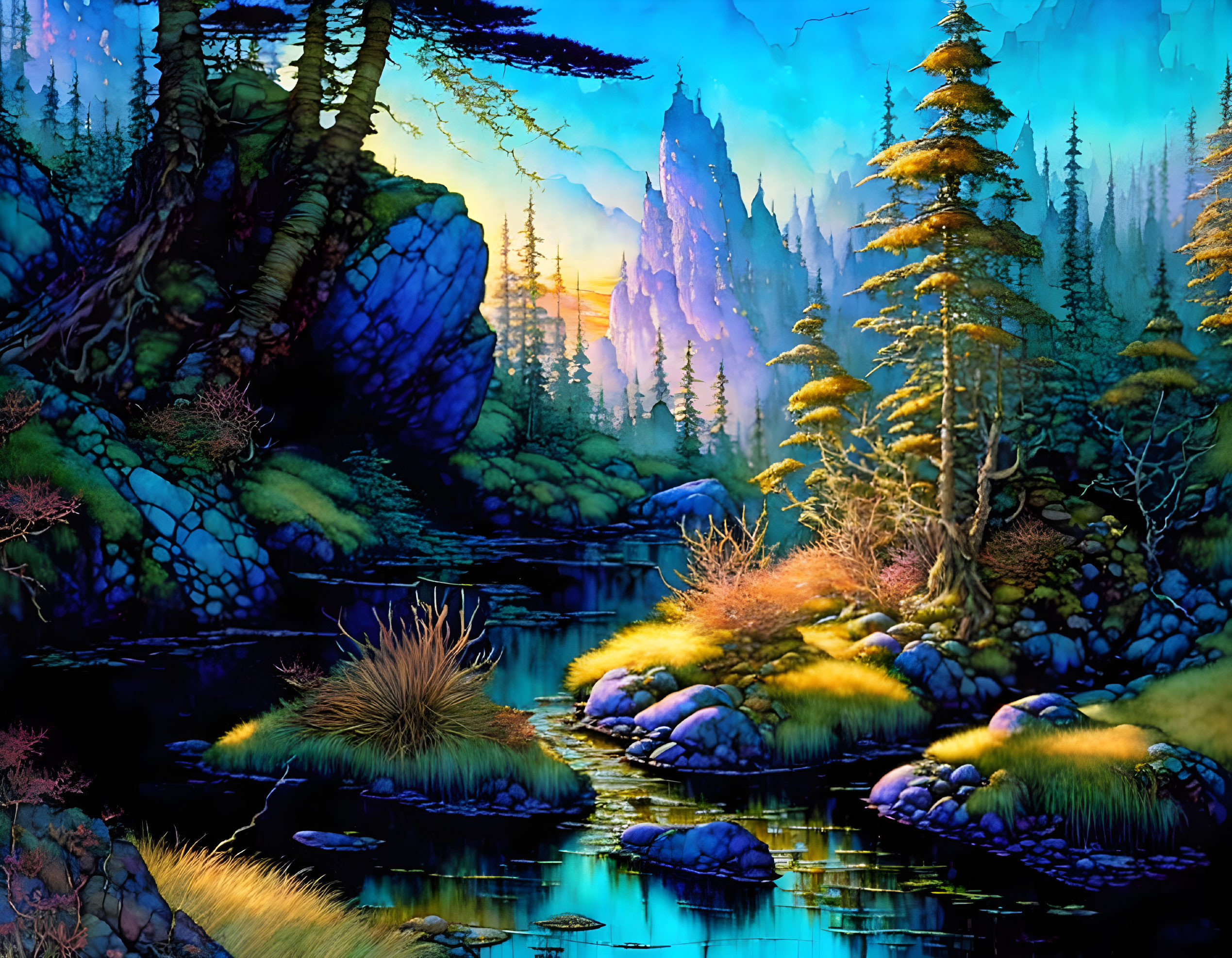 Lush Fantasy Forest with Tall Trees, River, and Colorful Flora